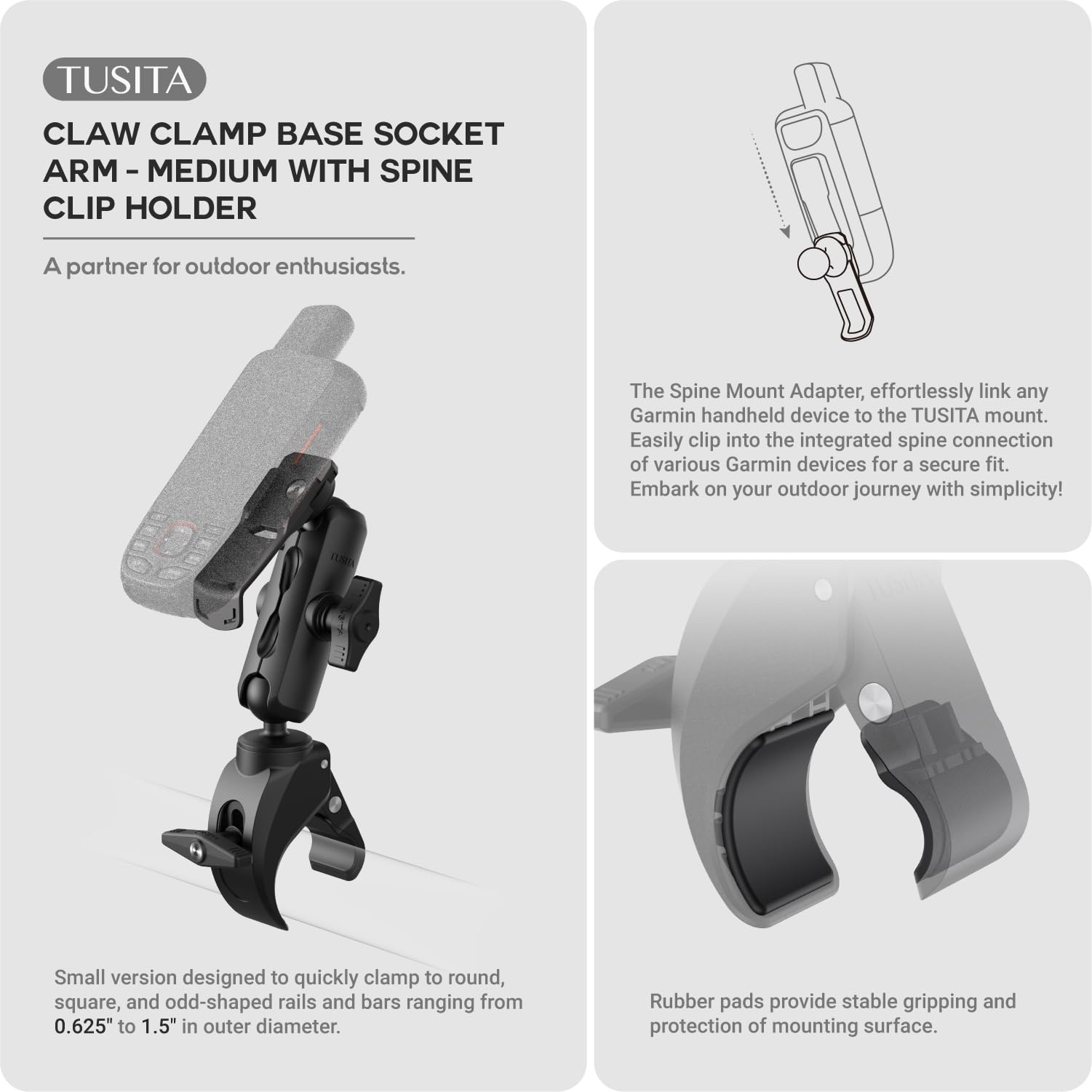 Tusita Motorcycle Atv/Utv Mount Compatible With Garmin Handheld Gps   Claw Clamp Base, Medium Arm