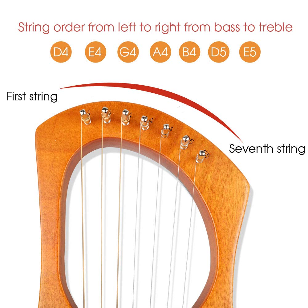 Mr.Power Lyre Harp Ancient Greece Style 7 Metal Strings Lyre With Tuning Wrench Extra String Set And Gig Bag (7 String, Natural Wood)