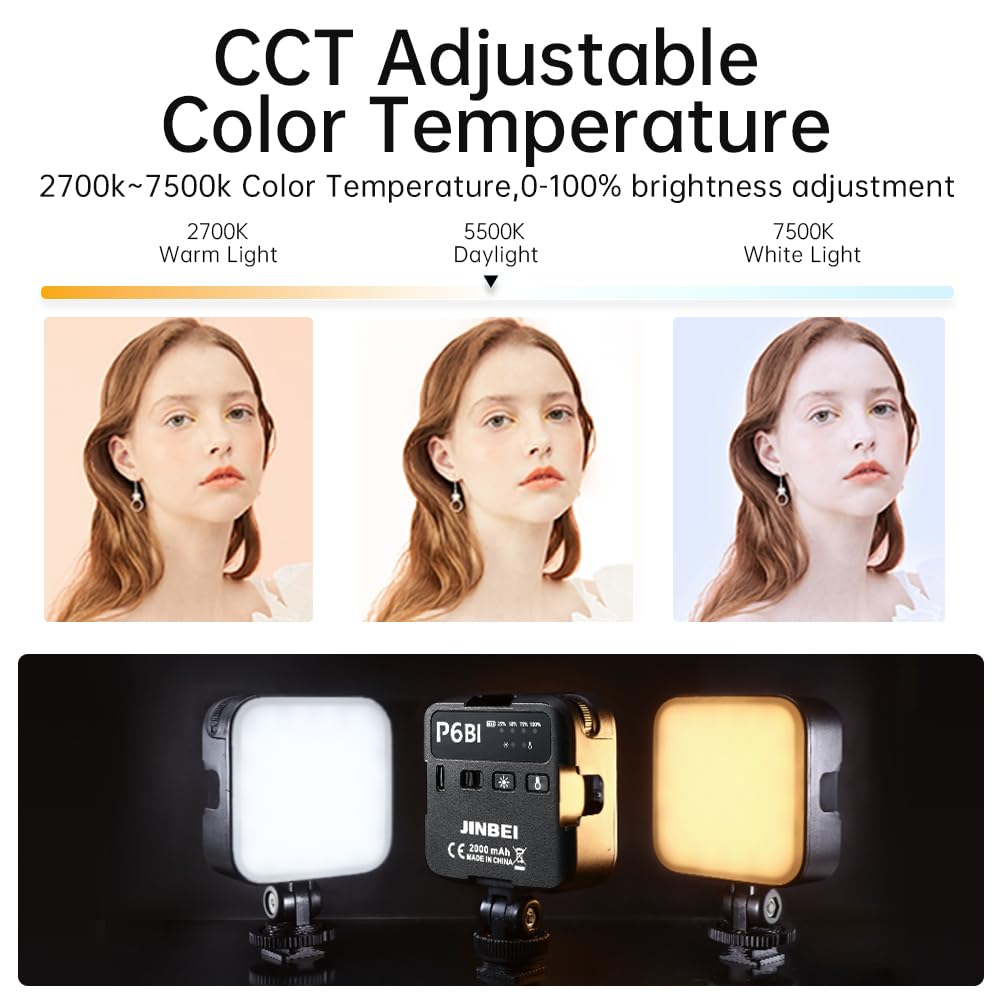 Jinbei P6 Bi Color Mini Video Light Led Camera Light 2700K 7500K With 4 Cold Shoe Mount Cri 95+ 2000Mah Rechargeable Portable Ph