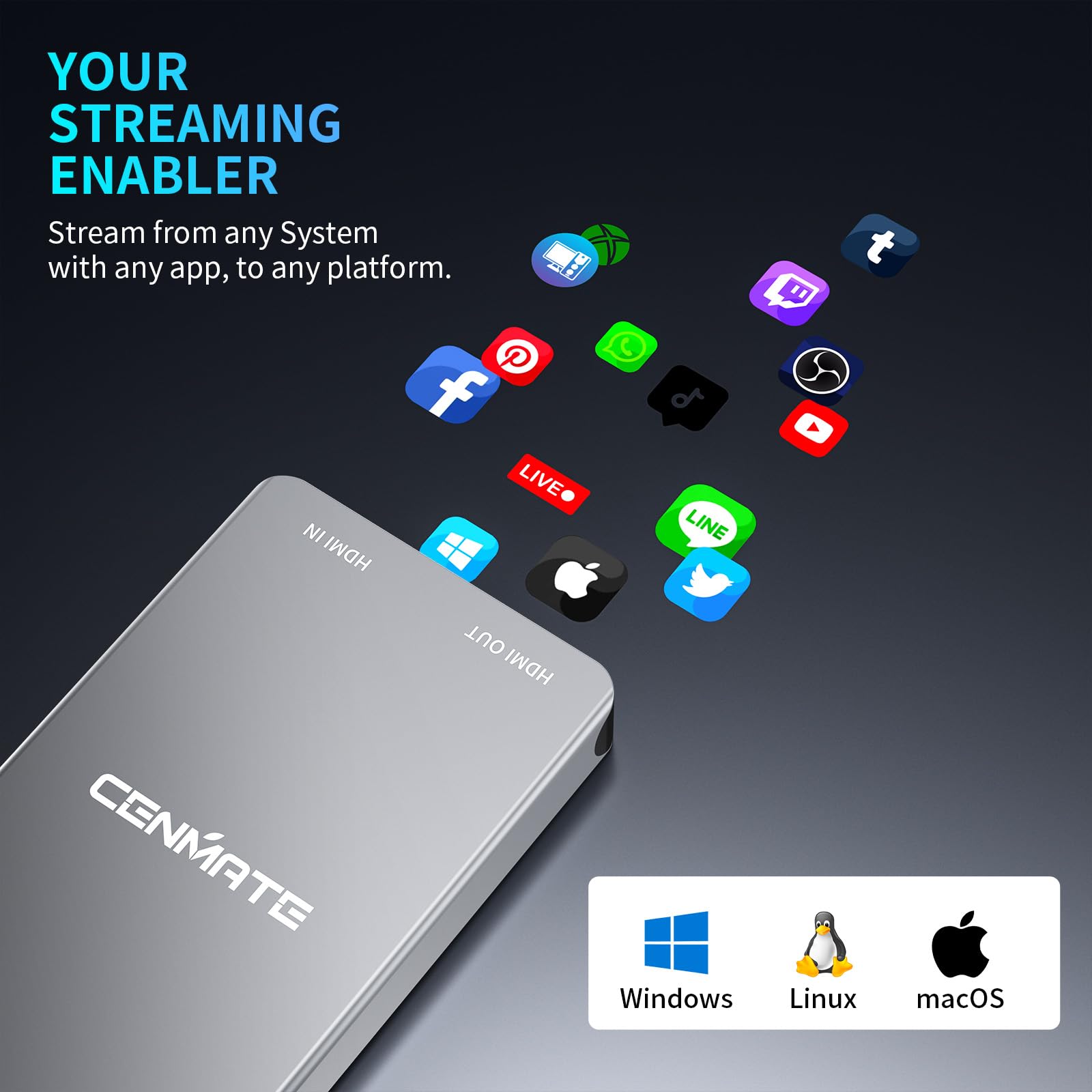 Cenmate Aluminum Hdmi Capture Card, Usb 3.0 1080P 60Fps Audio Video Capture Card For Streaming/Gaming/Video Conference, 4K@30Hz