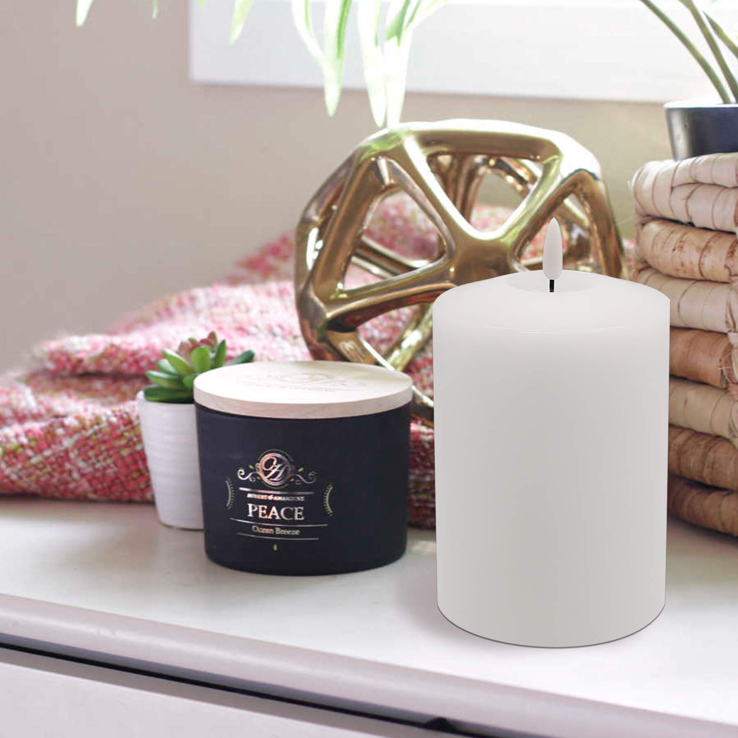 Genswin 4    X 6.5    Flameless Flickering Led Candles Battery Operated With 6H Timer, Warm Light Real Wax Pillar Votive 3D Wick