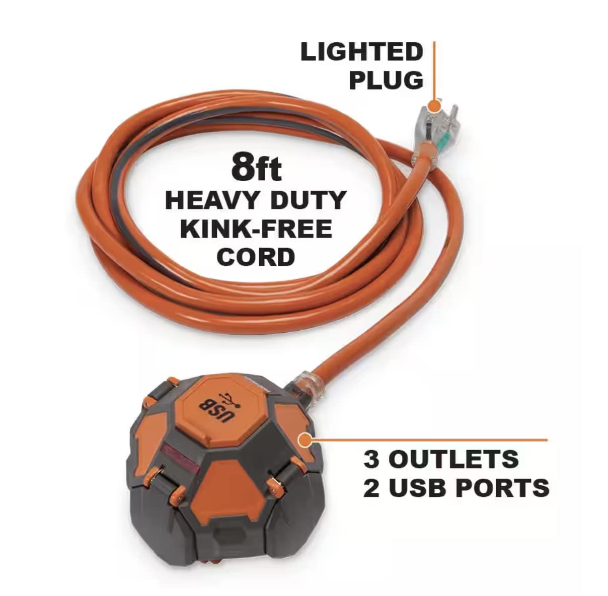 Ridgid 3 Outlet Power Ball Extension Cord Plus Usb