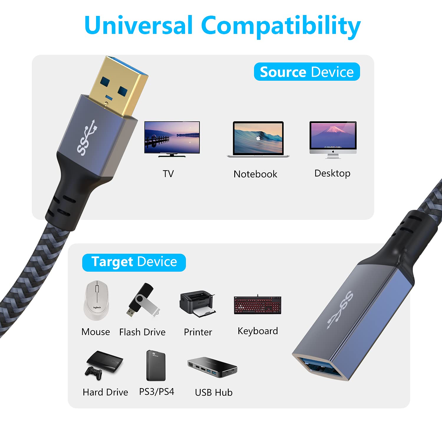 Hisatey Usb 3.0 Extension Cable 6Ft Usb Extension Cable Male To Female Durable Braided Material High Data Transfer Compatible With Usb Keyboard,Mouse,Flash Drive, Hard Drive,Printer
