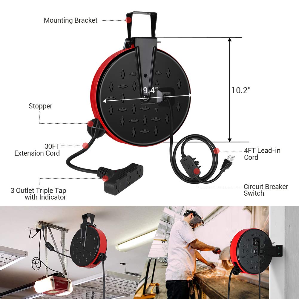 Dewenwils 30 Ft Retractable Extension Cord Reel, Ceiling Or Wall Mount 16/3 Gauge Sjtw Power Cord With 3 Electrical Outlets Pigt