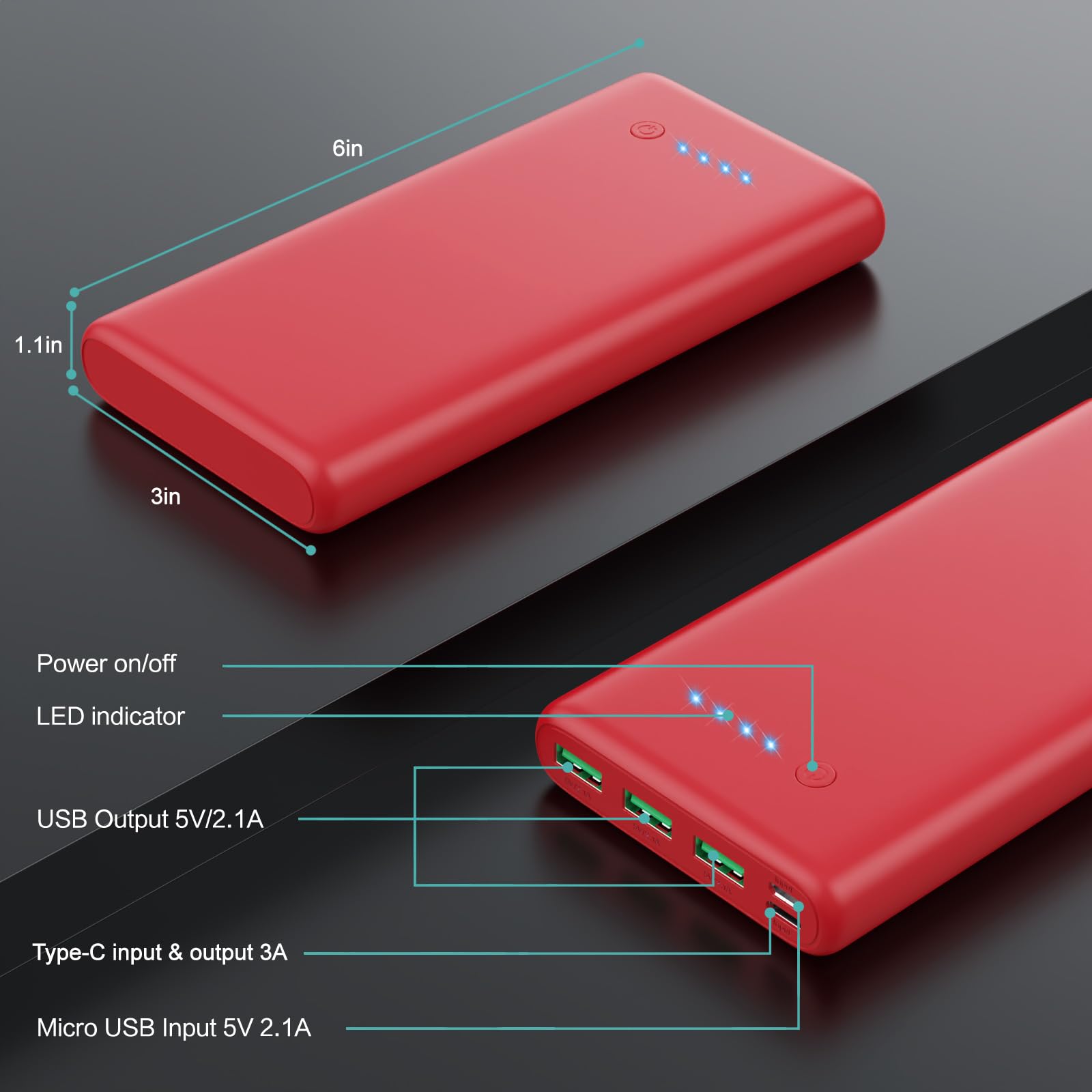 Portable Charger 36800Mah,4 Outputs Power Bank, Dual Input 5V/3A External Battery Pack,Usb C In&Out High Speed Charging Backup C