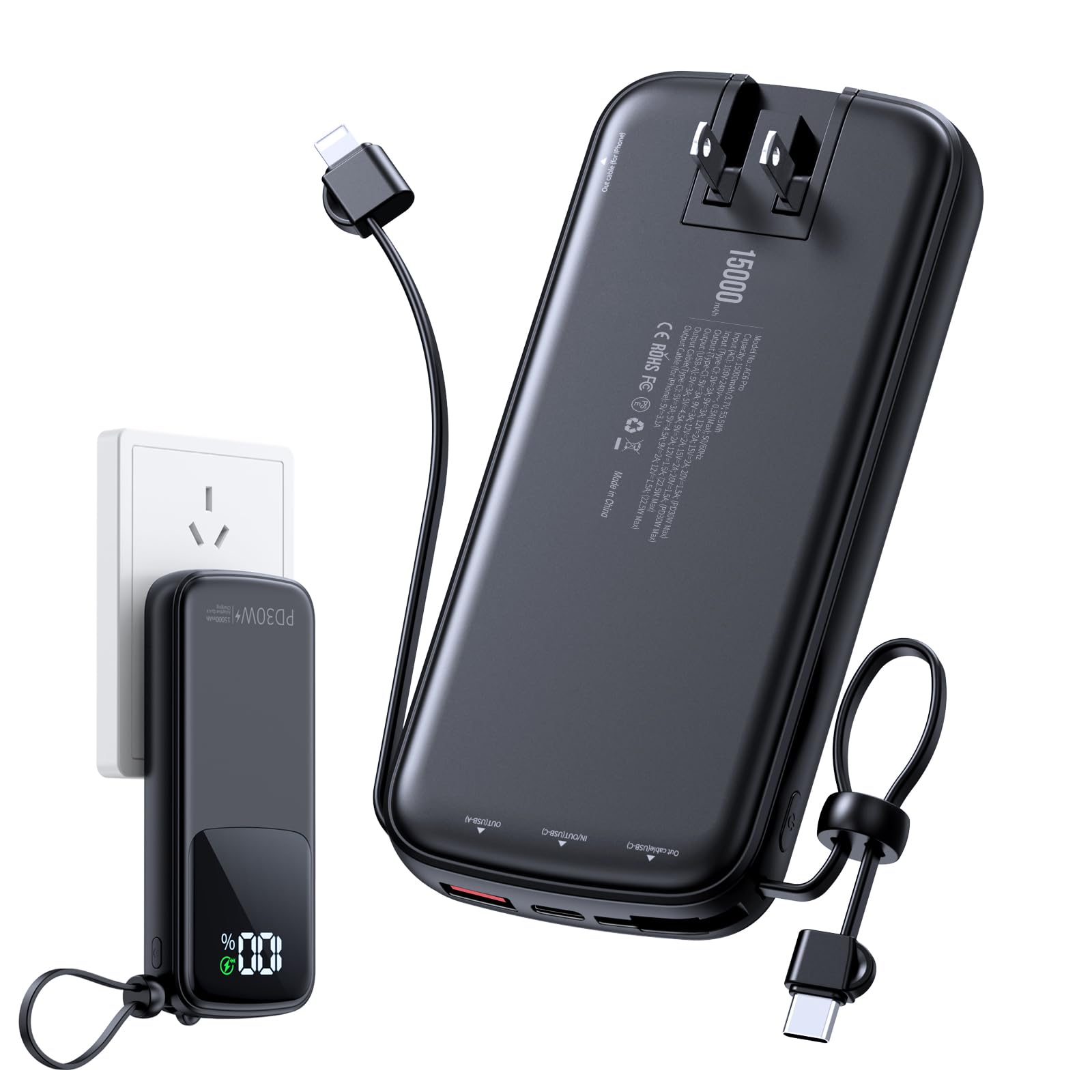 LOVELEDI Portable Charger Power Bank, 15000mAh Portable Charger Fast Charging Lightweight, Built-in AC Wall Plug and 2 Output Ca