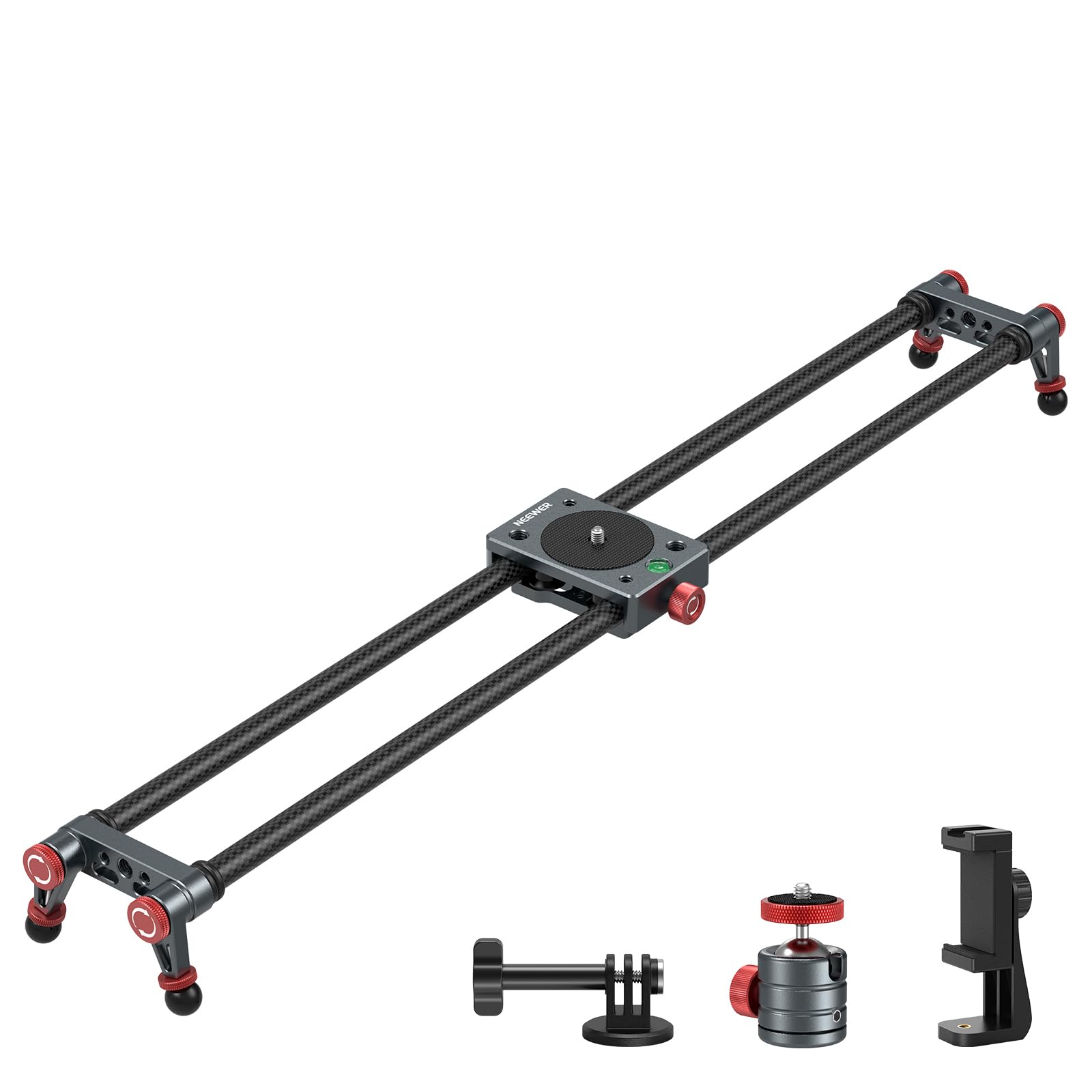 NEEWER 24in/60cm Carbon Fiber Camera Slider with 360 Ball Head/Phone Clamp/Action Camera Mount, Dolly Rail Track with 4 Bearings