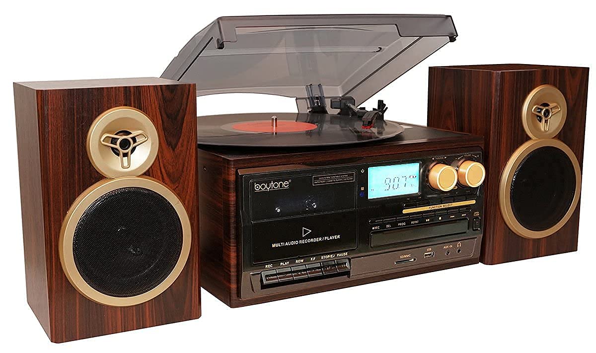 Boytone Bt 28Spm, Bluetooth Classic Style Record Player Turntable With Am/Fm Radio, Cd / Cassette Player, 2 Separate Stereo Spea
