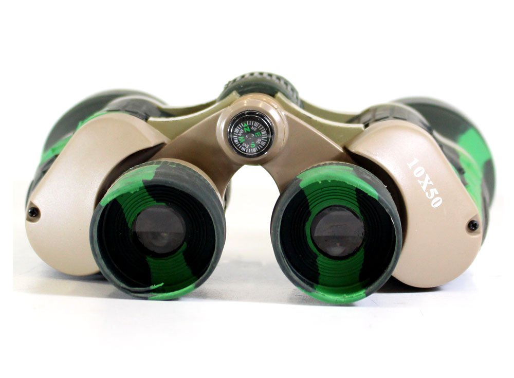 Hunter Green Camouflaged Body 10X Power Amber Lens Binoculars With Mini Compass | 50Mm Glass Lenses | Focus Adjustment Wheel | Includes Lens Covers, Neck Strap, And Carrying Case