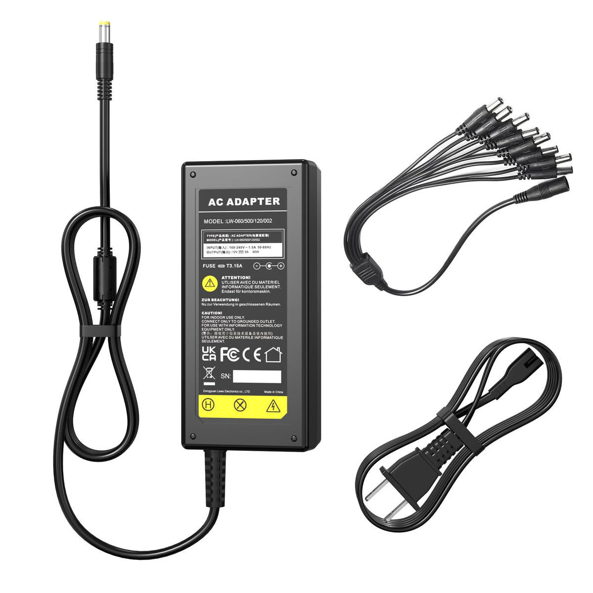 Dc 12V 5A Power Supply Adapter With 8 Splitter Power Cable For Security Camera Cctv Dvr Surveillance System