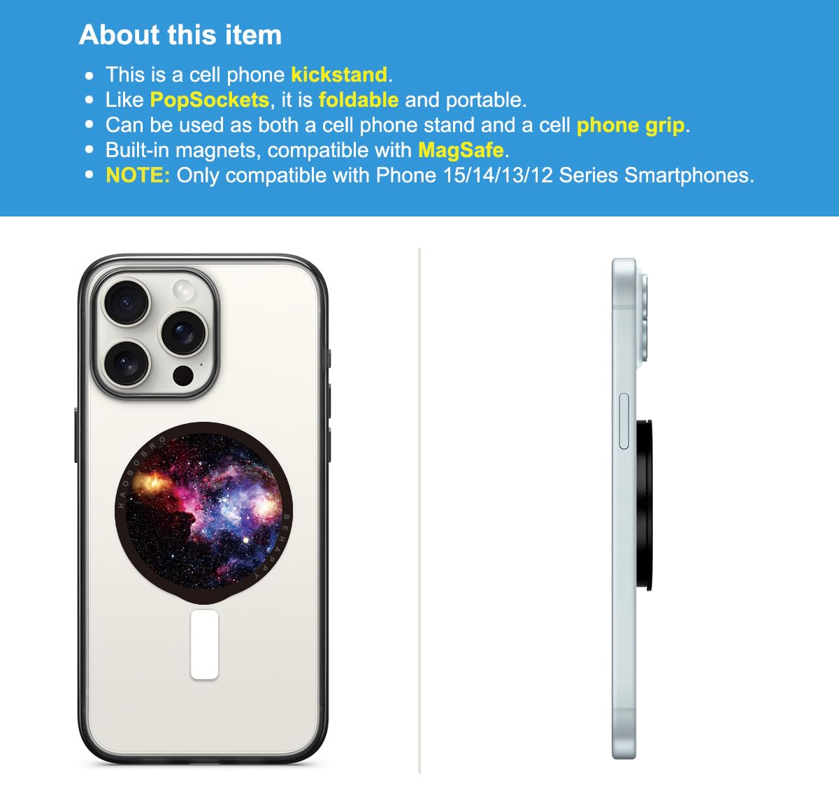 Haobobro Foldable Phone Stand Holder - Magnetic Cell Phone Grip - Compatible With Mag Safe - Removable Kickstand For Iphone 15/1