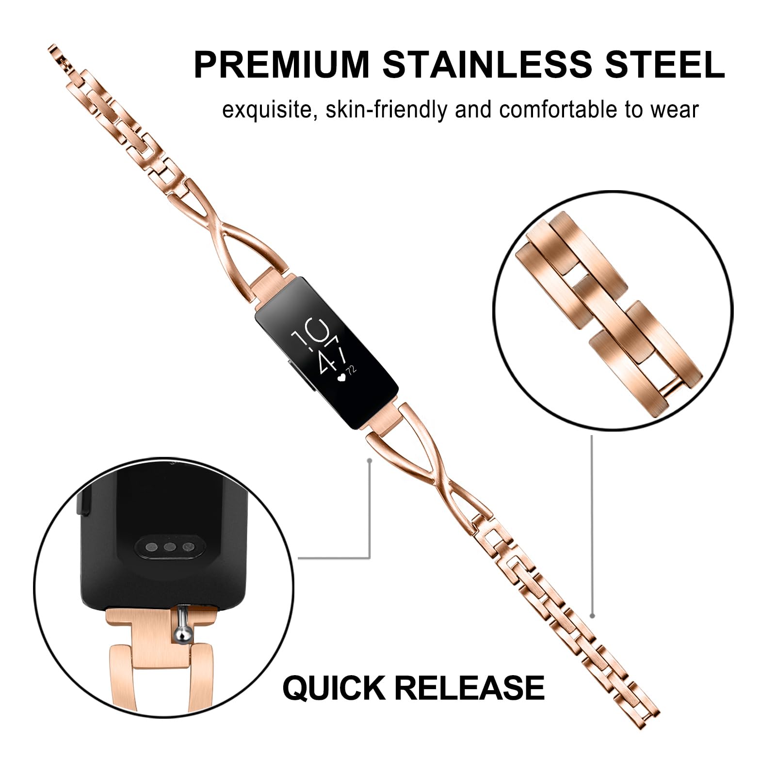 Trumirr Band For Inspire/Inspire Hr/Inspire 2 / Inspire 3 Women, Solid Stainless Steel Watchband Jewelry Strap Wrist Bracelet Fo