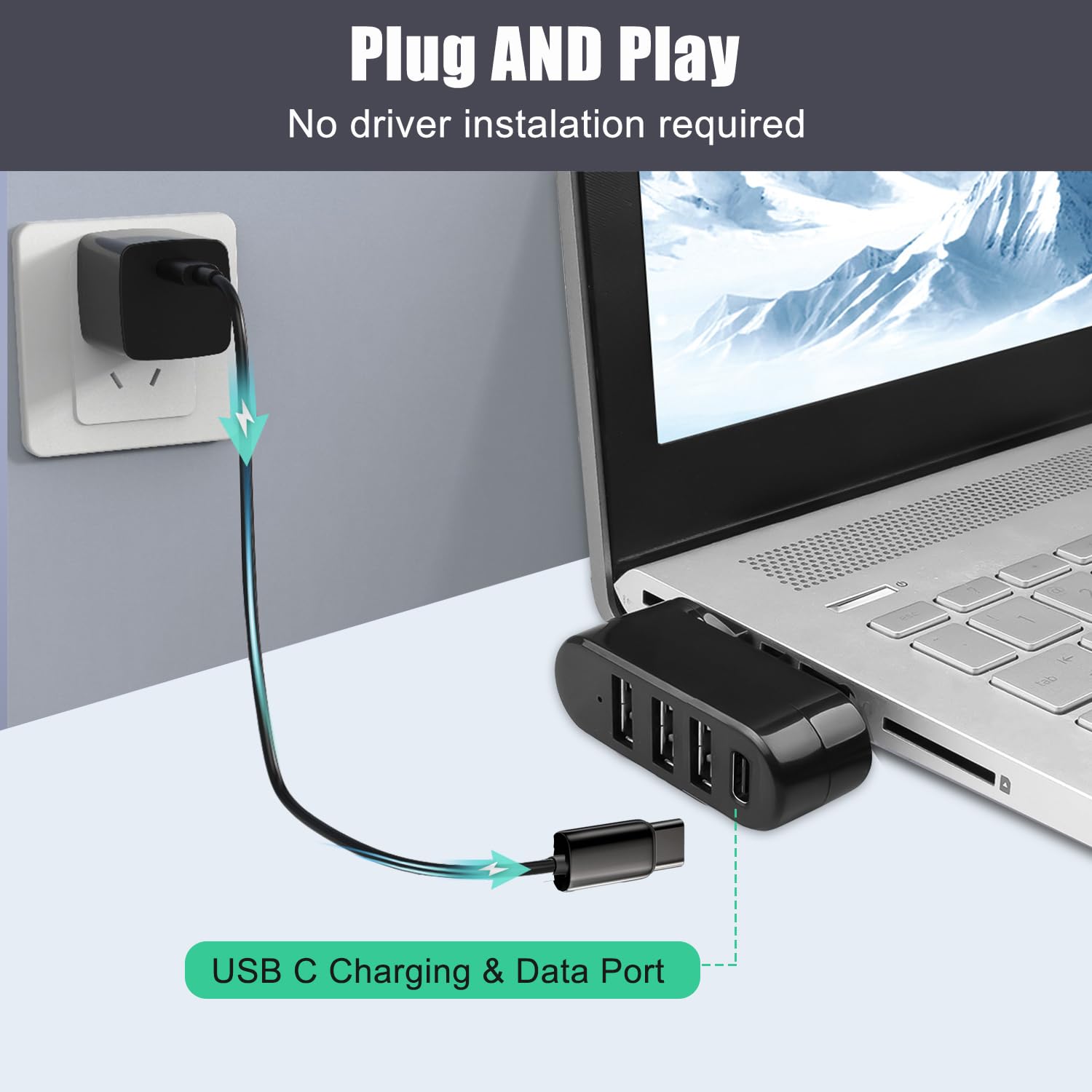 Vienon 4 Port Usb 3.0 Hub [90�/180� Degree Rotatable], Usb Splitter With 3 Usb Ports & 1 Usb C Power/Data Port, Usb Extender For Laptop, Car, Imac, Macbook Air, Macbook Pro, And More