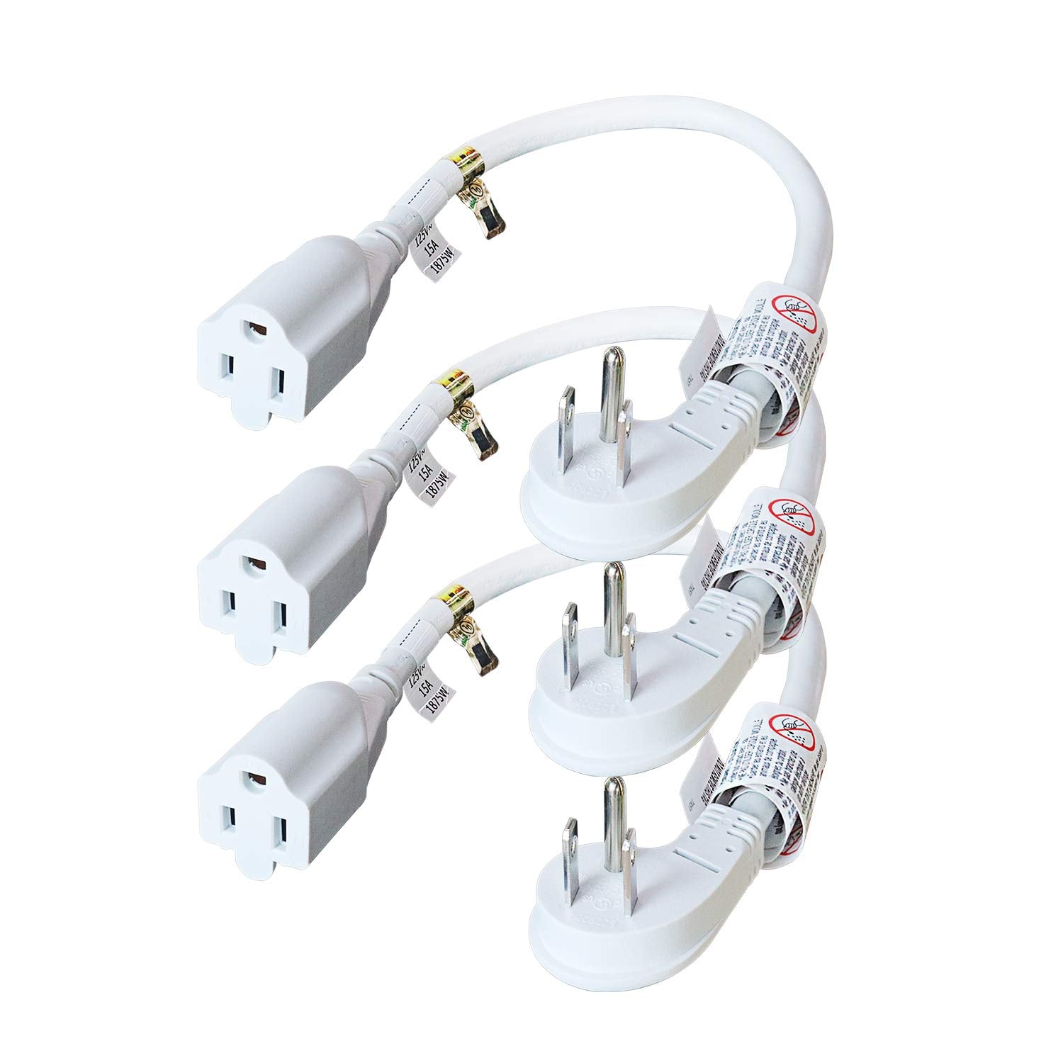 Firmerst 1875W Flat Plug 1Ft Extension Cord 15A For Kitchen Home Appliance Office White (3 Pack)