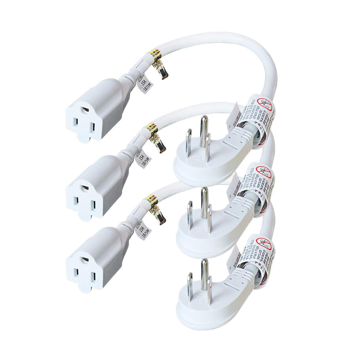 Firmerst 1875W Flat Plug 1Ft Extension Cord 15A For Kitchen Home Appliance Office White (3 Pack)