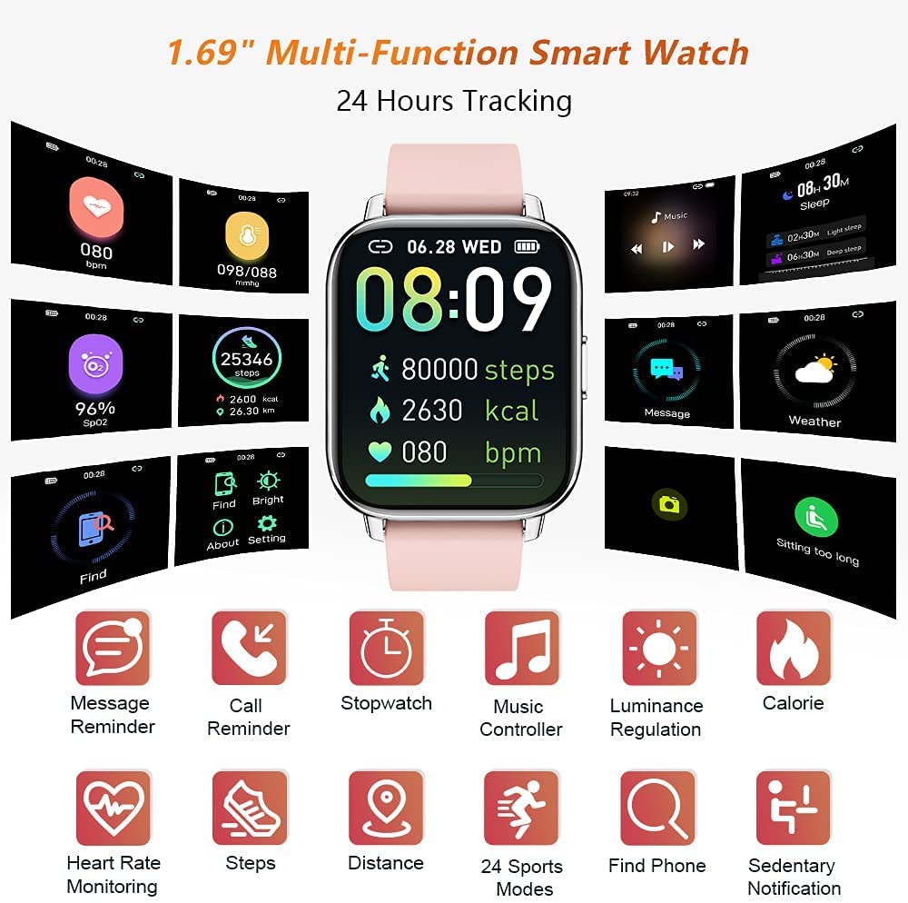 Mugo Smart Watch For Women, Fitness Watch 1.69'' Touch Screen Smartwatch, Pedometer Watch With Heart Rate And Sleep Monitor, Ip6
