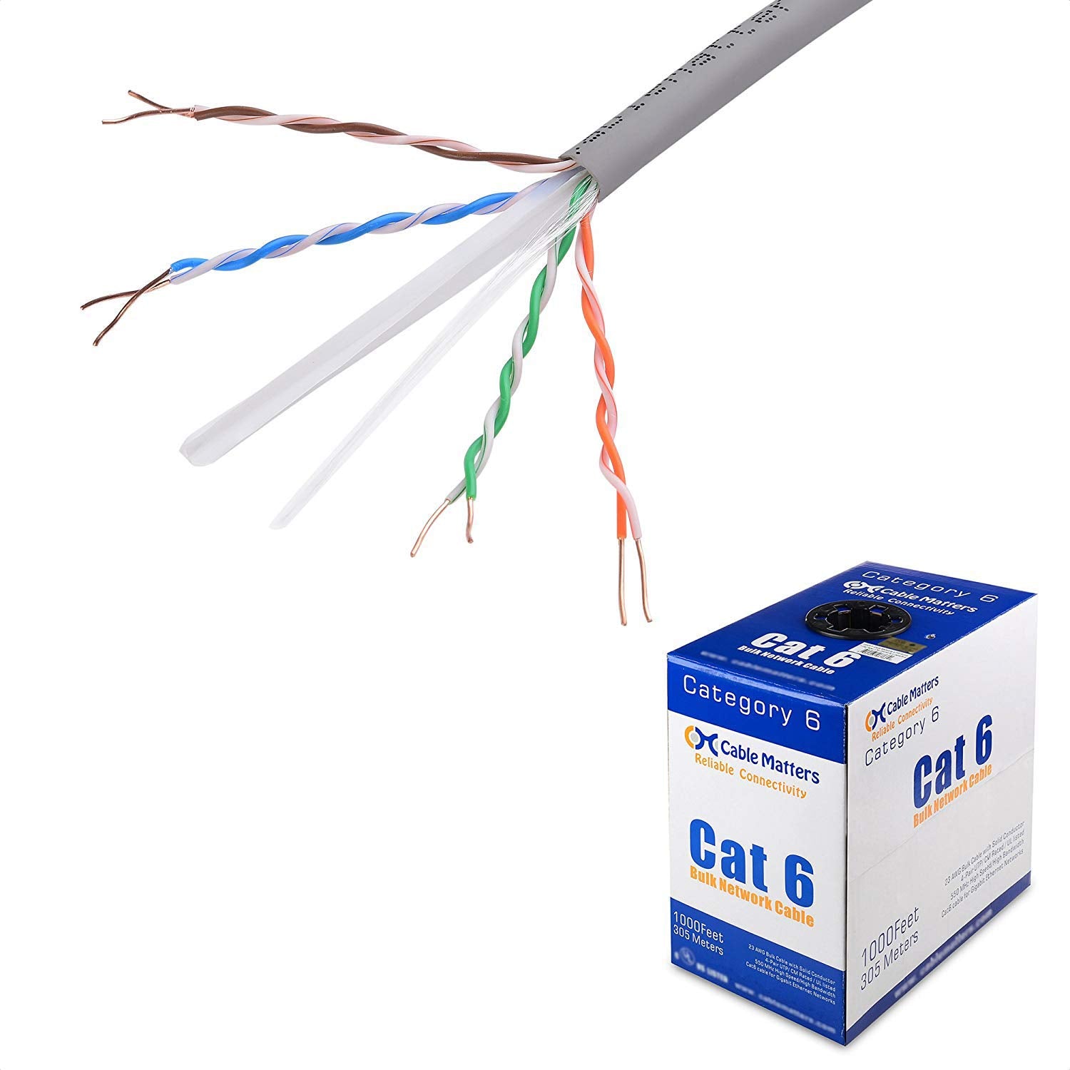 Cable Matters [UL Listed] 10Gbps in Wall (CM) Rated 23AWG Bare Copper Cat 6 Cable   1000ft, Solid, UTP Cat6 Bulk Ethernet Cable, Cat6 Ethernet Cord, Gray