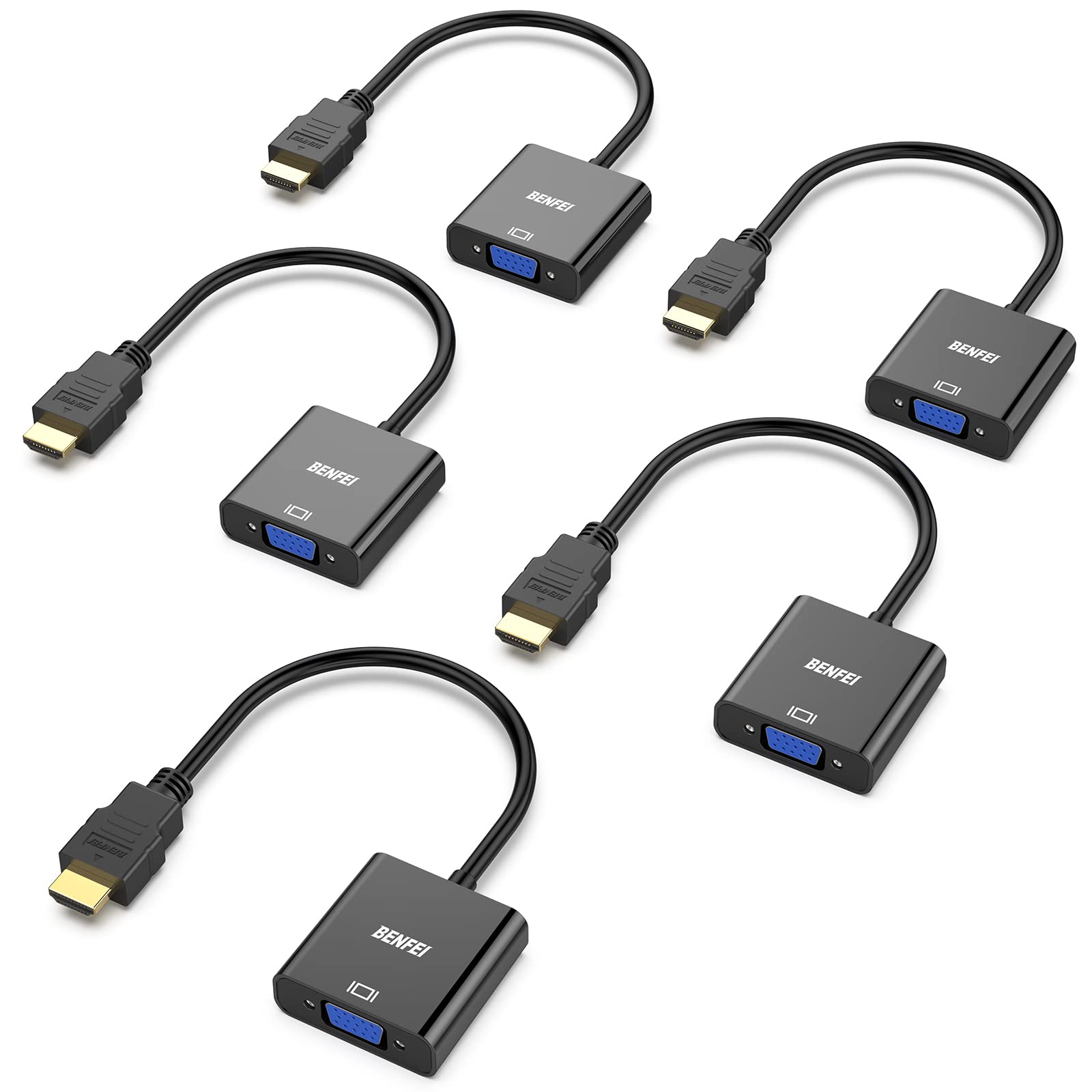 Benfei Hdmi To Vga, 5 Pack, Gold Plated Hdmi To Vga Adapter (Male To Female) For Computer, Desktop, Laptop, Pc, Monitor, Project