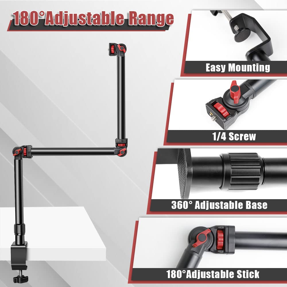 Foutoukeep Overhead Camera Mount With 1/4 3/8'' 5/8'' Screws, Adjustable 3 Section Desk Camera Mounts With 180 Range & 360 Base