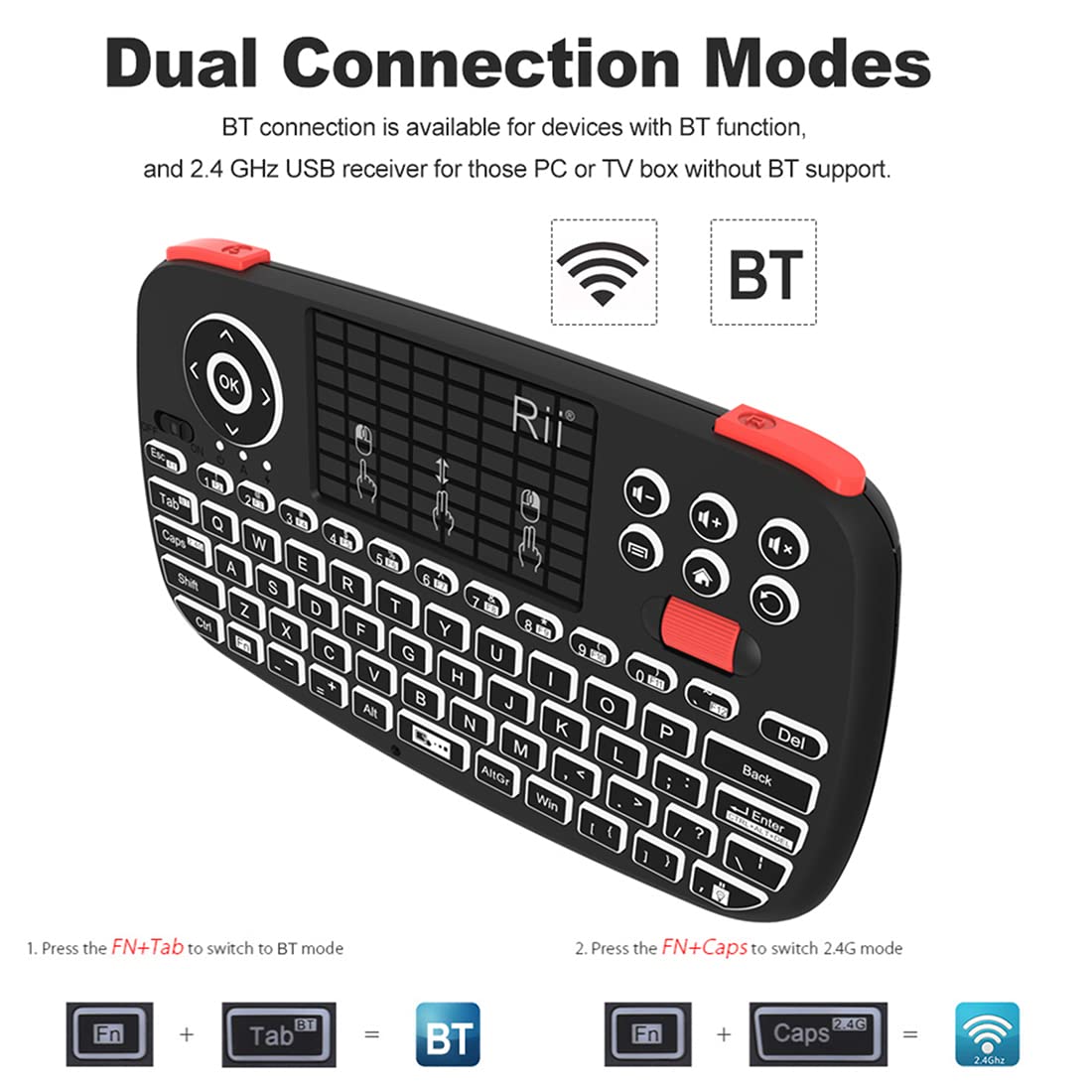 Rii (Upgrade) I4 Mini Bluetooth Keyboard With Touchpad, Blacklit Portable Wireless Keyboard With 2.4G Usb Dongle For Smartphones