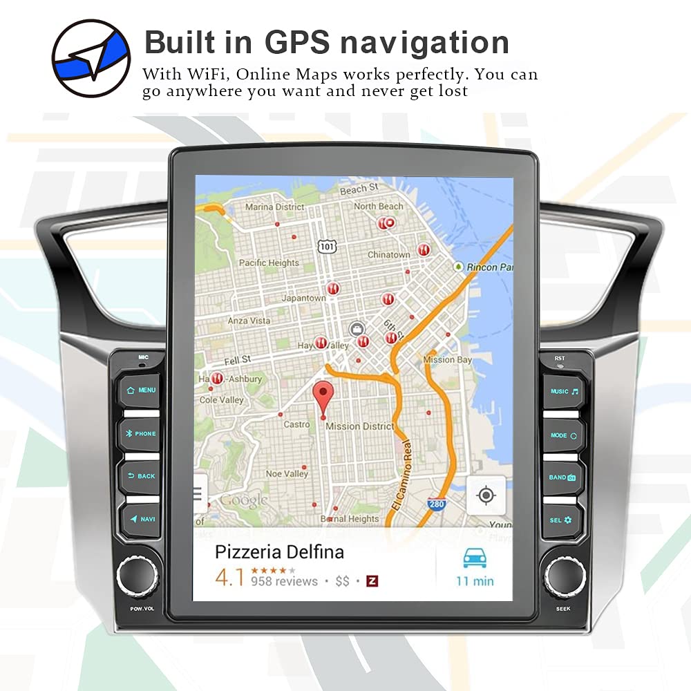 Android Double Din Gps Navigation Car Stereo, 9.7'' Vertical Touch Screen 2.5D Tempered Glass Mirror Bluetooth Car Radio With Ba