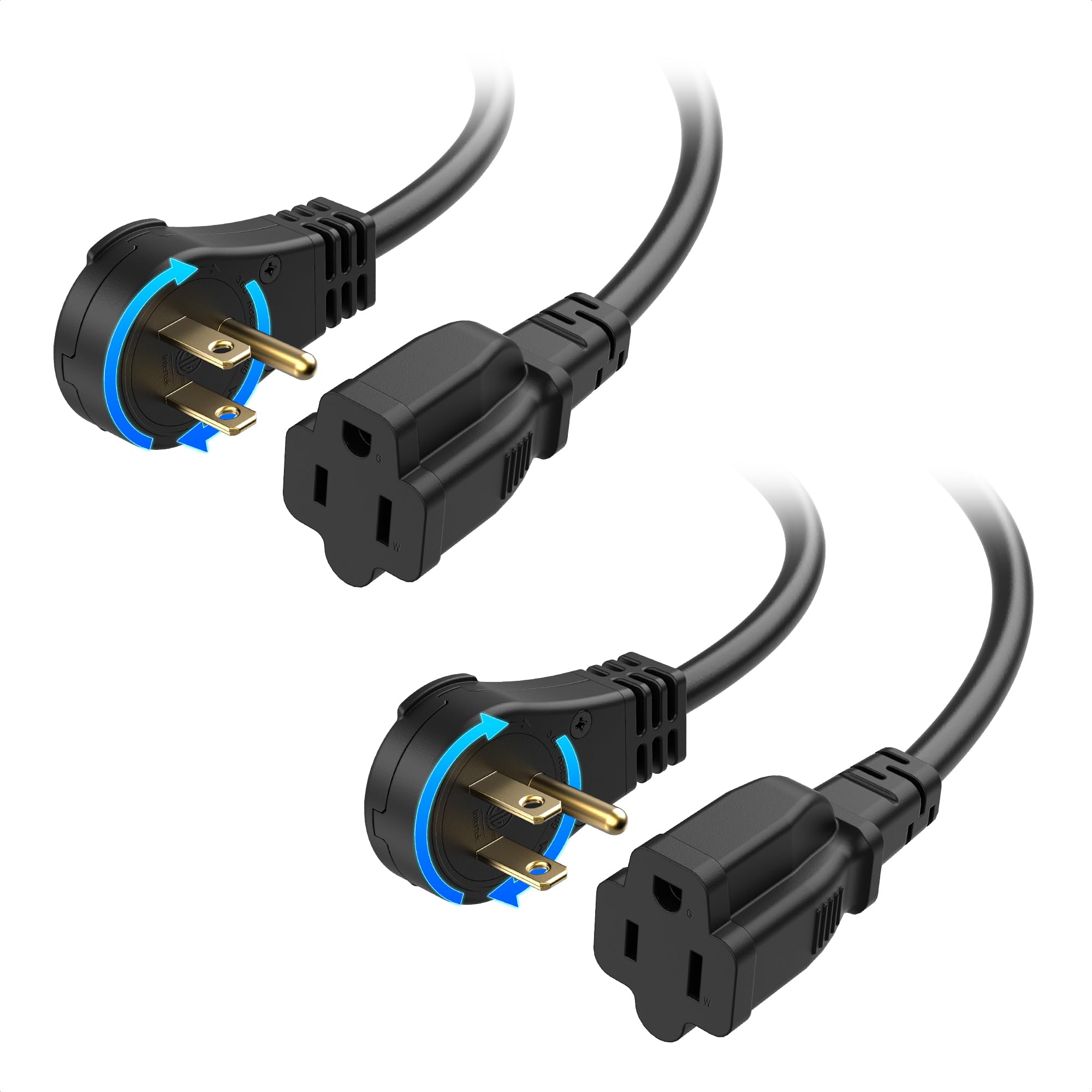 [ETL Listed] Cable Matters 2 Pack 16 AWG 360� Rotating Flat Plug Extension Cord 10ft, (Low Profile Extension Cord / 3 Prong Power Extension Cords, NEMA 5 15P to NEMA 5 15R)