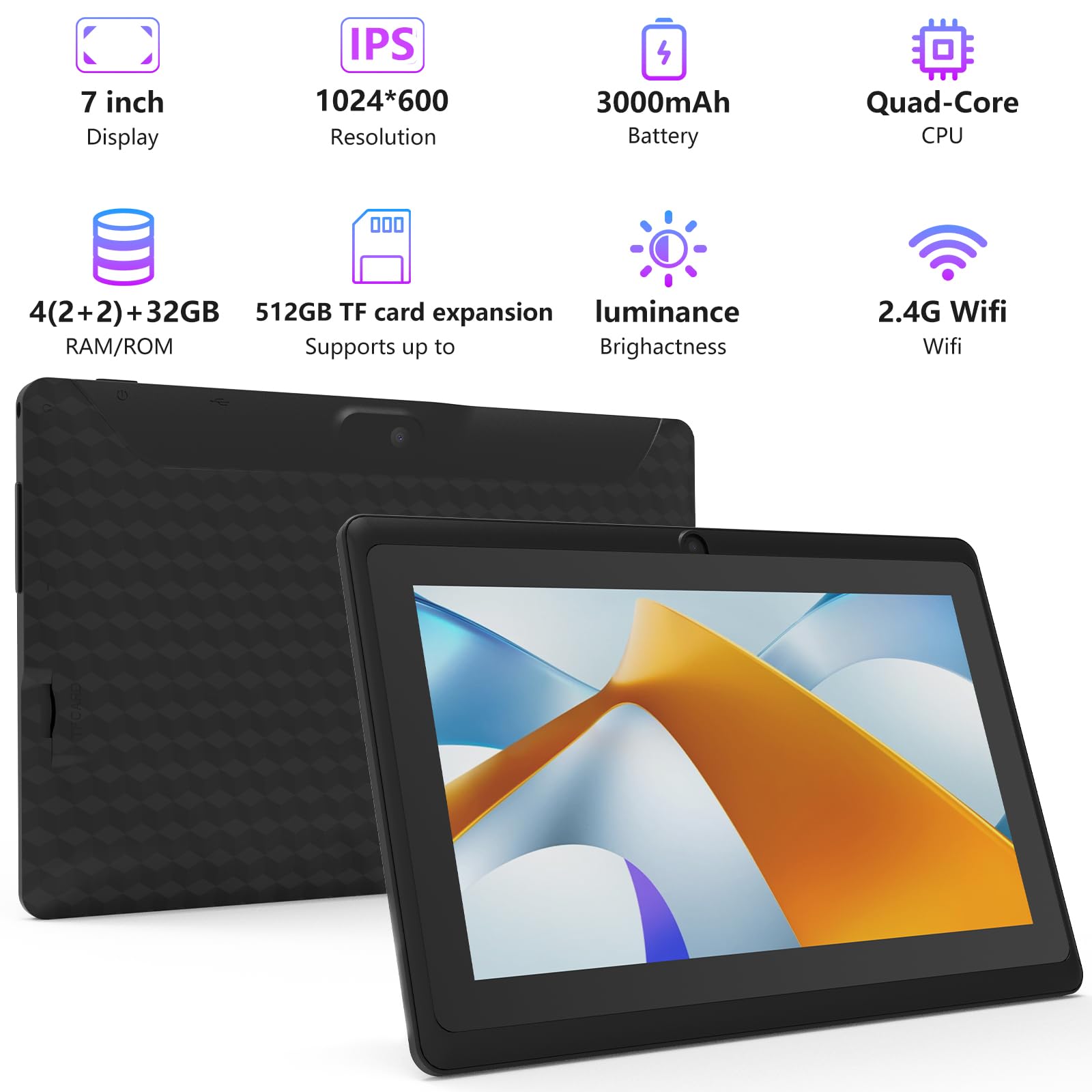 Tablet 7 Inch Android 12 Tablets, 4Gb Ram 32Gb Rom 512Gb Expand, Quad Core Processor Tablet Pc, Wifi, Bluetooth, 3000Mah Battery
