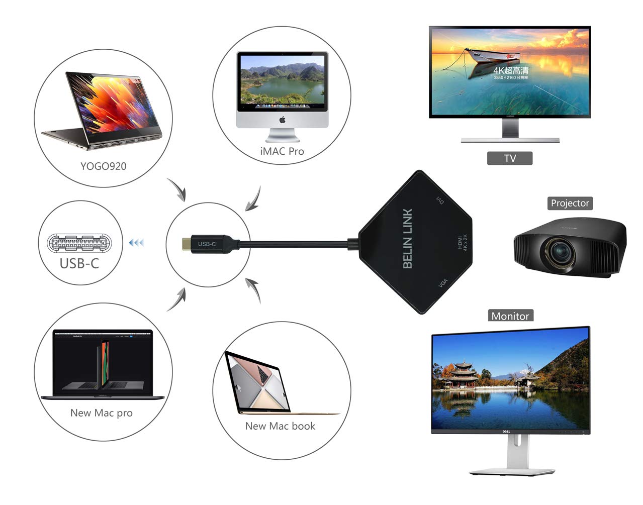 BELIN LINK USB C to HDMI DVI VGA Adapter Thunderbolt 3 Compatible 4K Rhombus Black