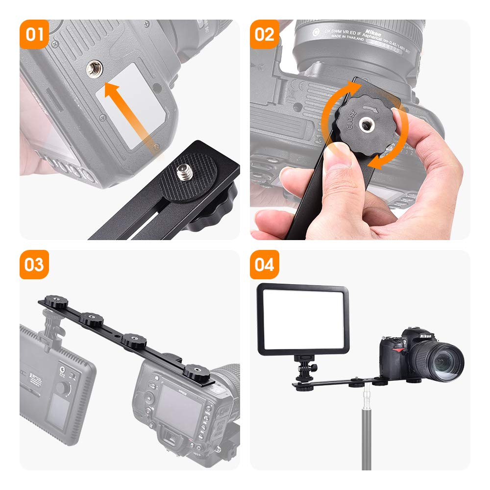 Utebit 11 Inch Flash Bracket, Long Dual Camera Mount Flash Bracket Extension Bar With 1/4� Hot Shoe, Straight Flash Brackets 1/4 3/8 Thread Hole Tripod Mount For Camera/Led Light/Microphone