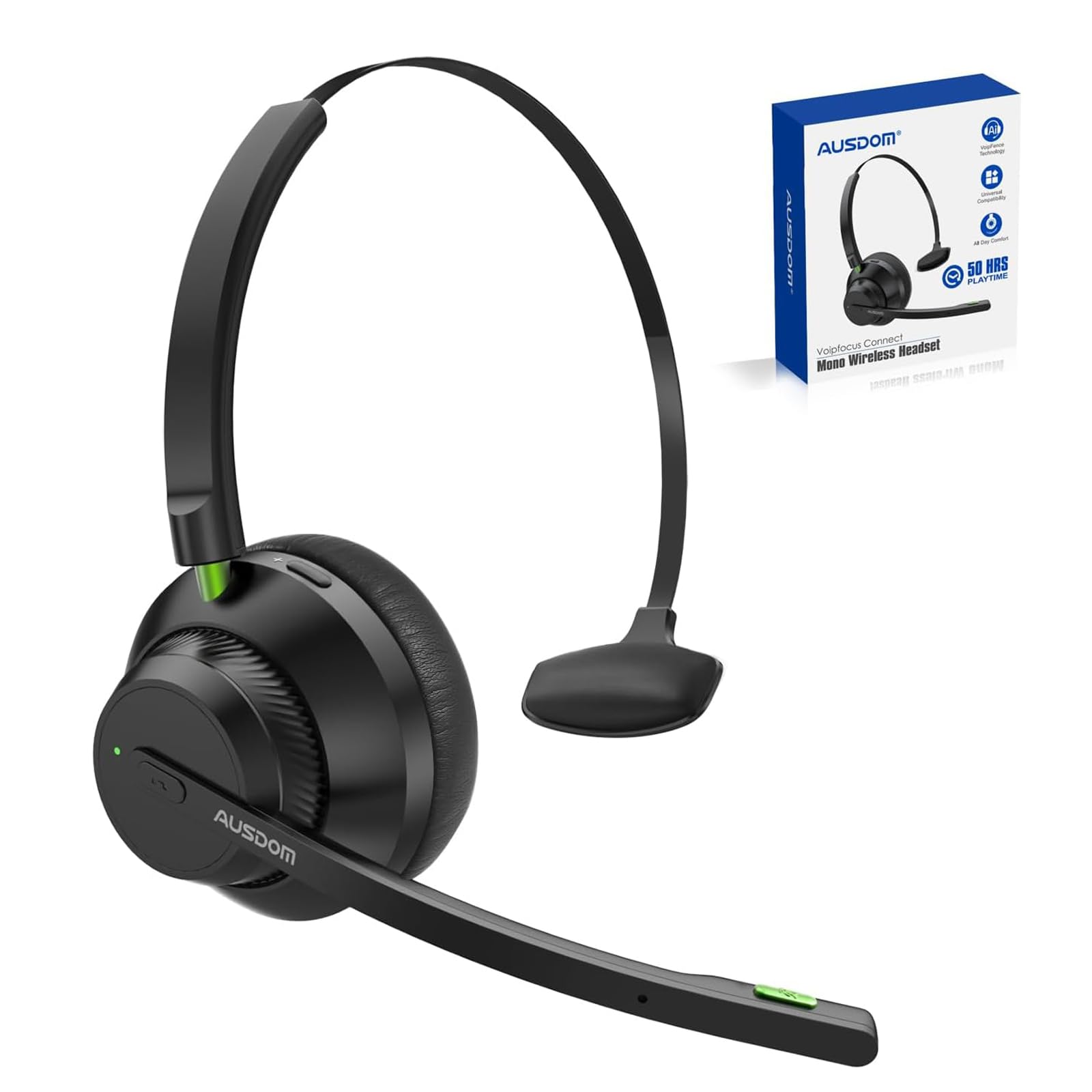 AUSDOM Trucker Bluetooth Headset with Microphone: A2301 Wireless 5.2 OnEar Headset with AI Noise Cancelling Mic & Mute Button, 