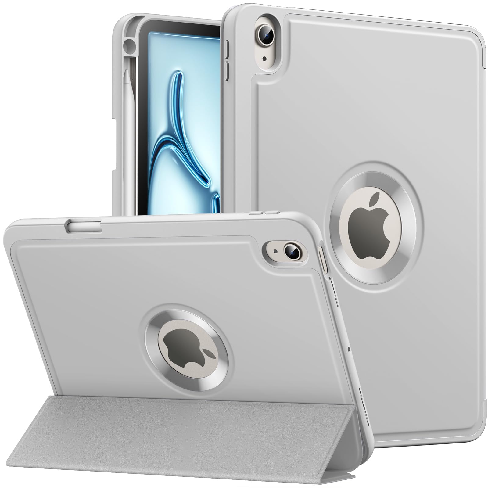 MoKo for iPad Air 11 Inch Case (M2) 2024, iPad Air 6th Generation Case/iPad Air 5th/4th Gen 2022/2020 with Pencil Holder, Smart Trifold Protective iPad Case, Hollow Logo/Auto Wake/Sleep, Gray