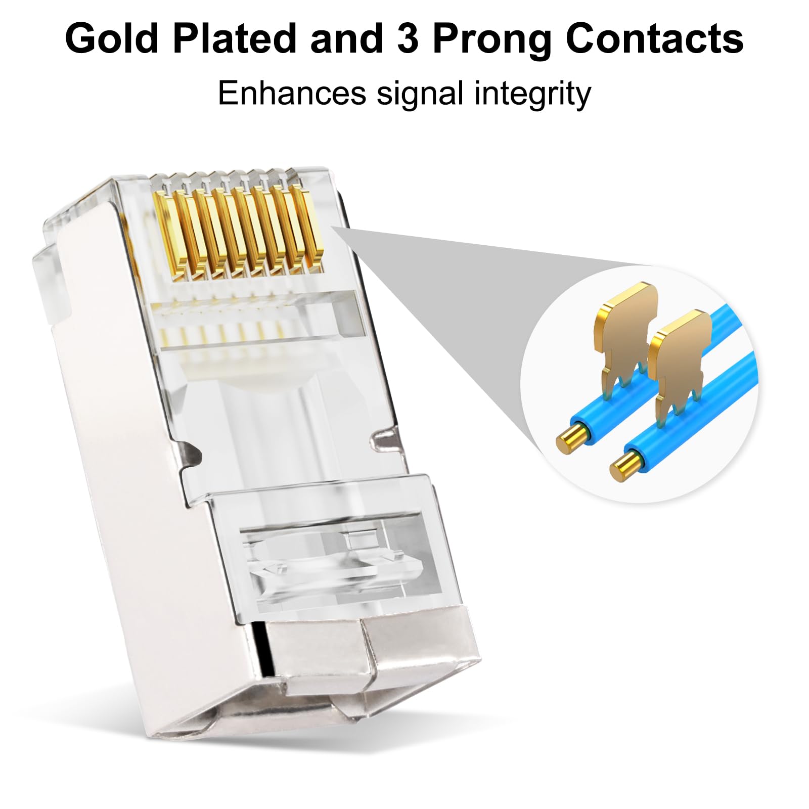 Kyrene Rj45 Connectors, 50Pcs Shielded Rj45 Pass Through Connector, Cat 6 Pass Through Rj45 Connectors Gold Plated 3 Prong 8P8C