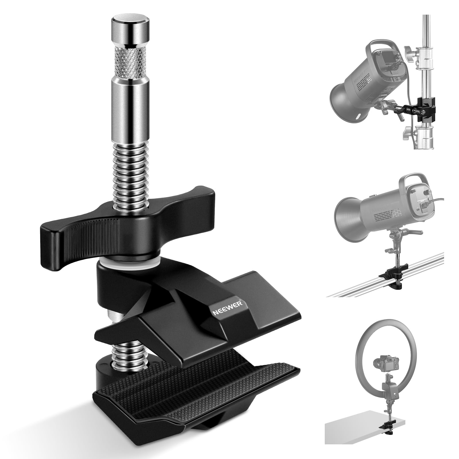 Neewer 2'' End Jaw Grip With 5/8'' Stud, Steel Shaft End Pipe Grip Clamp With Adjustable Aluminum Jaws, Rubber Pads For C Stand,