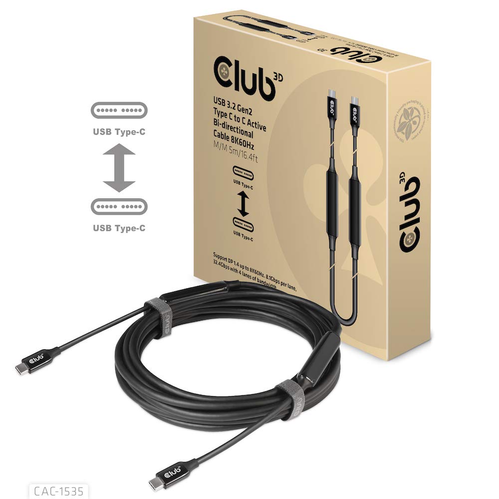Club 3D USB-C to USB-C Bi-Directional Cable CAC-1535 60W PD 10Gbps 8K60Hz 5m Black Copper