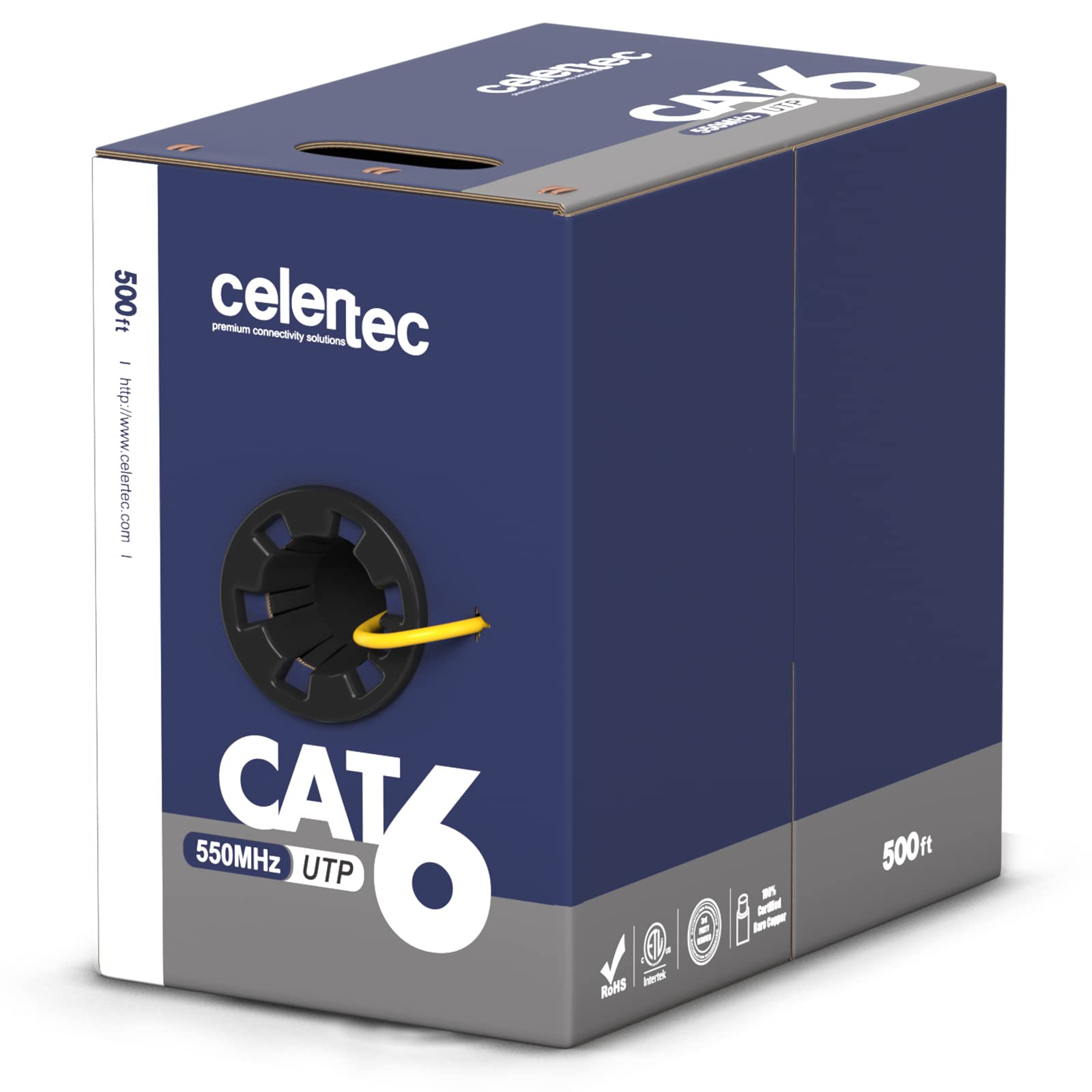 Celertec Cat6 Ethernet Cable, 500Ft, 23Awg Solid Bare Copper, Unshielded Twisted Pairs(Utp), 550Mhz, Etl Listed &Cmr Riser Rated, Indoor, Bulk Ethernet Cable  Yellow