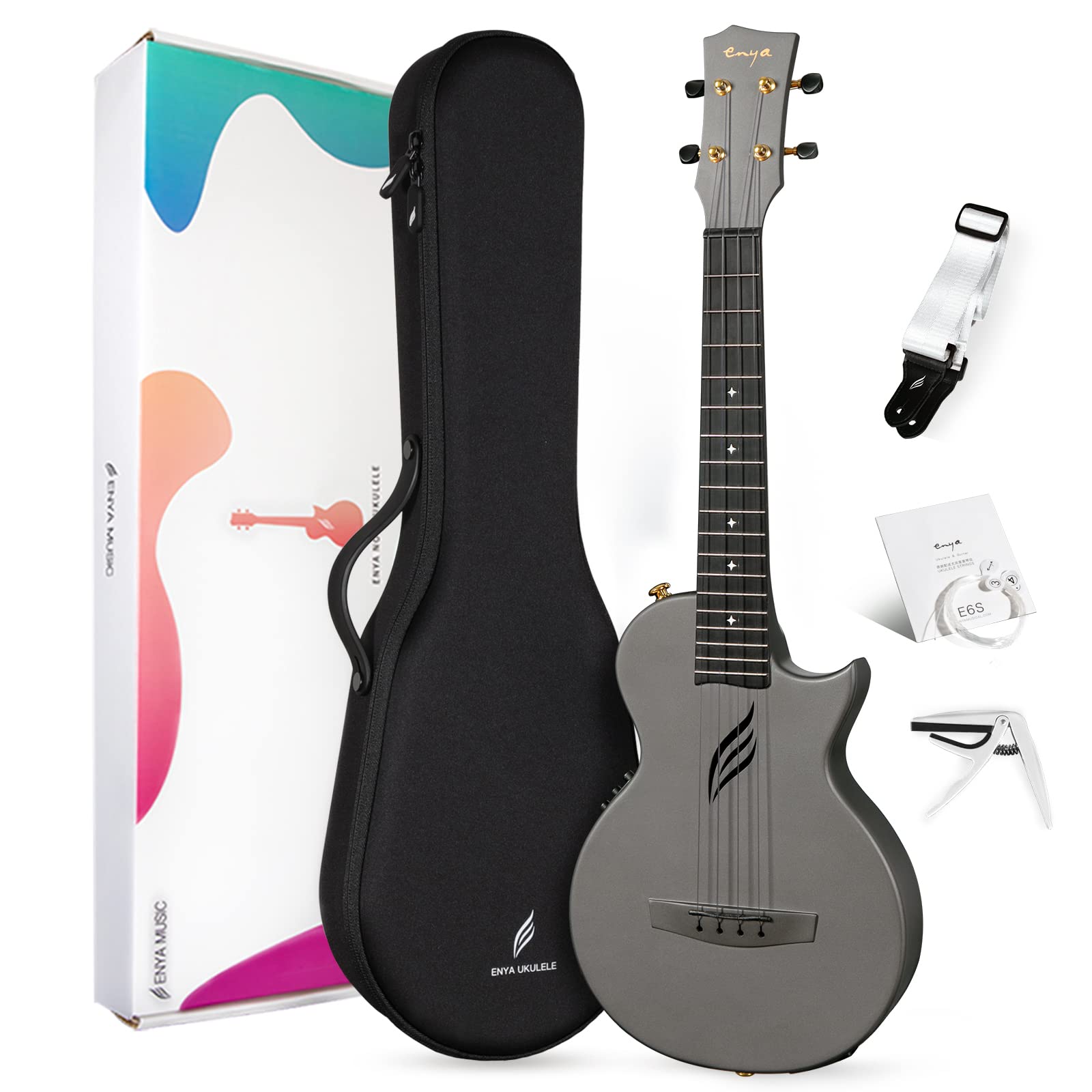 Enya Tenor Ukulele 26 Inch Carbon Fiber Acousticplus Cutaway Travel Ukelele for Beginner Bundle Kit with Online Lesson Including
