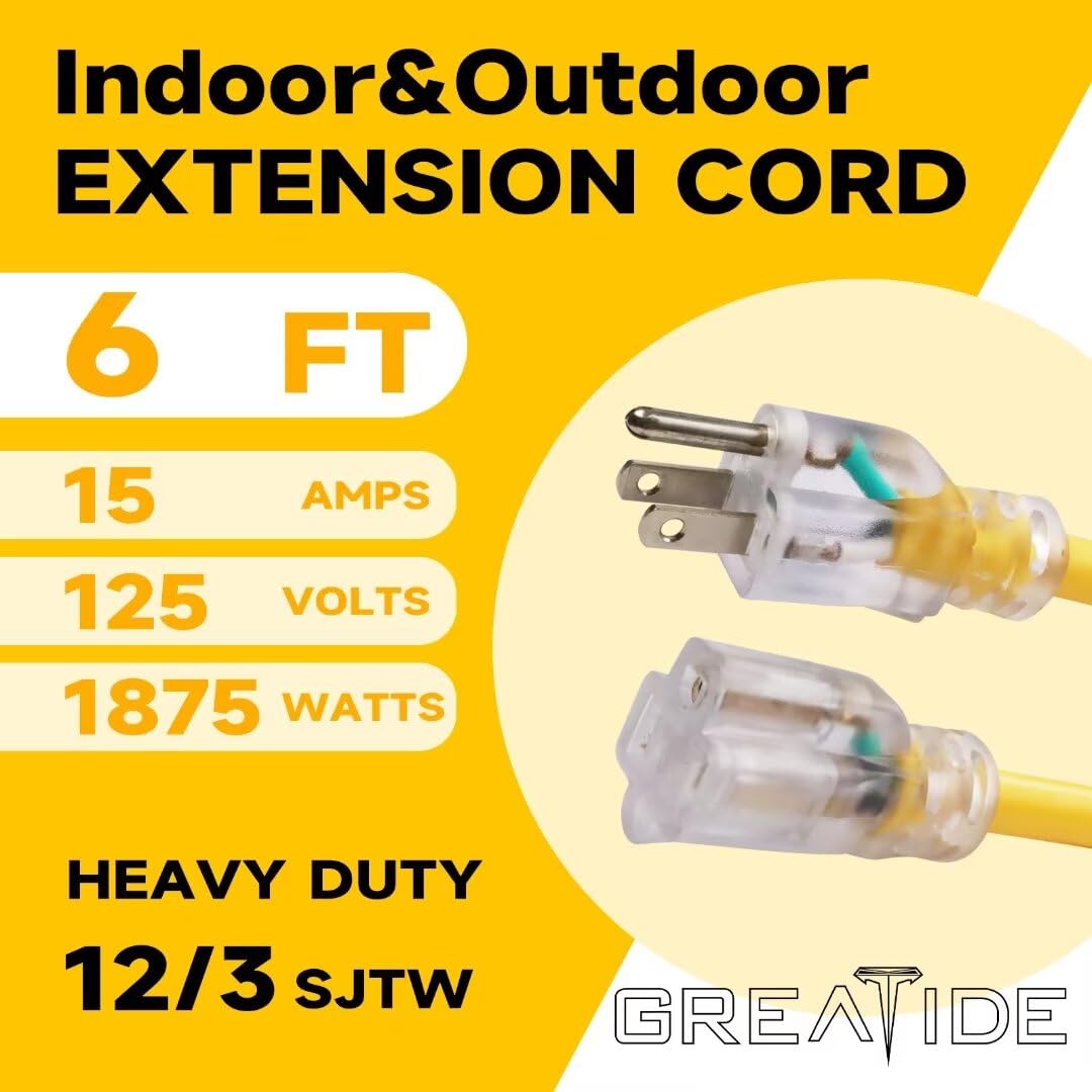 Greatide Outdoor Extension Cord With Lighted End, 12 Gauge Heavy Duty Extension Cord 6 Ft, 3 Prong Grounded 15 Amp Extension Cor