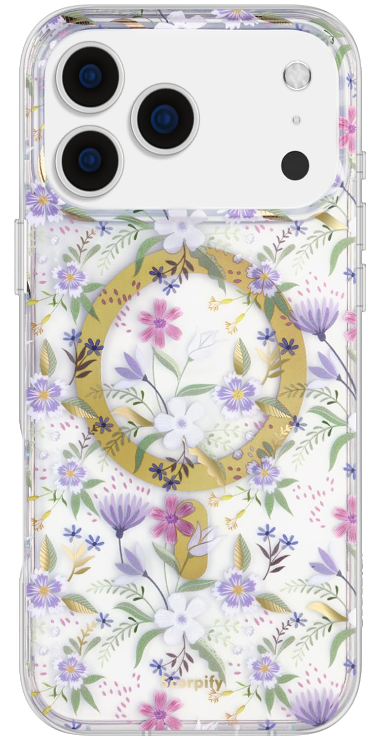 SCORPIFY for iPhone 17 Pro Case [Compatible with MagSafe] with Purple Cherry Floral Design, Cute Clear Flower Magnetic Phone Cov
