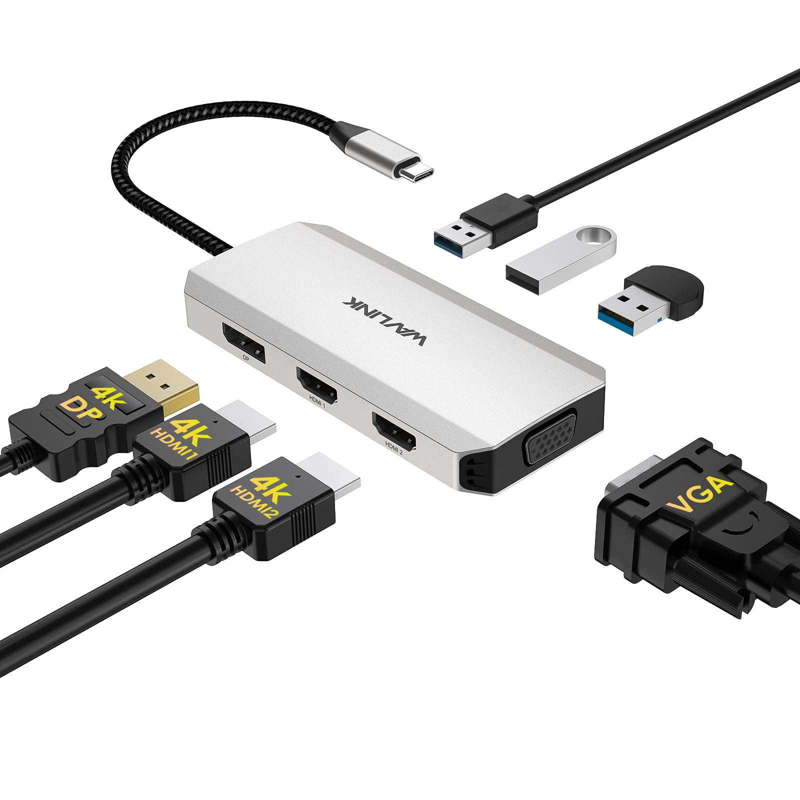 Wavlink Usb C Docking Station For Macbook Dell Xps 13/15, Lenovo Yoga, Hp Laptops, Usb C To Dual Hdmi Monitors For Windows, Usb C Hub Adapter With Dual Hdmi, Displayport, Vga, 3 Usb 2.0 Ports, Silver