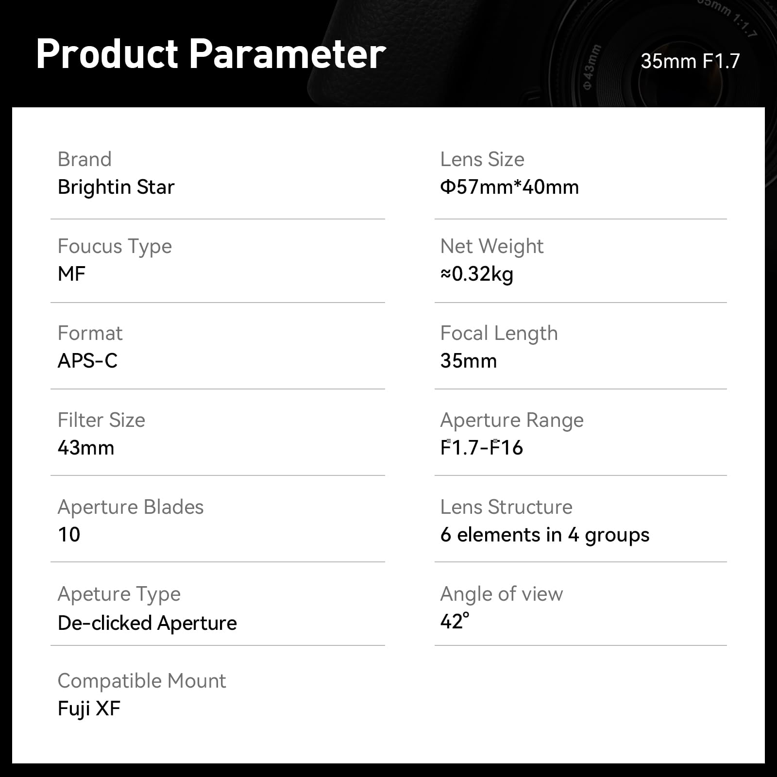 Brightin Star 35Mm F1.7 Large Aperture Aps C Manual Focus Prime Fixed Mirrorless Camera Lens, Fit For Fuji Xf Xs 10, X E4, X H2S