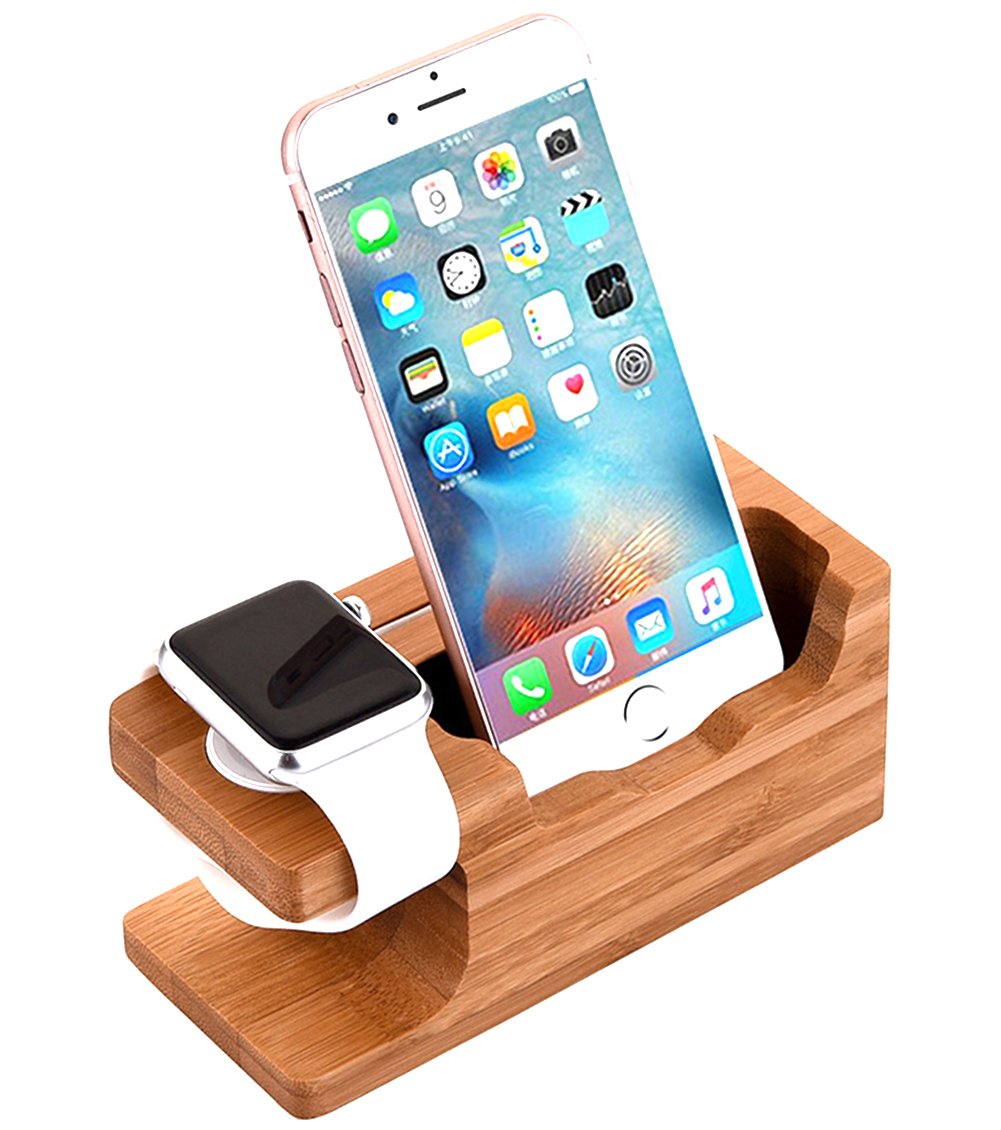 Watch Stand, Aicase Iwatch Bamboo Wood Charging Holder For Apple Watch & Iphone X/ 8/8 Plus/ 7 Plus 6 6 Plus 5S 5 (Light Brown)