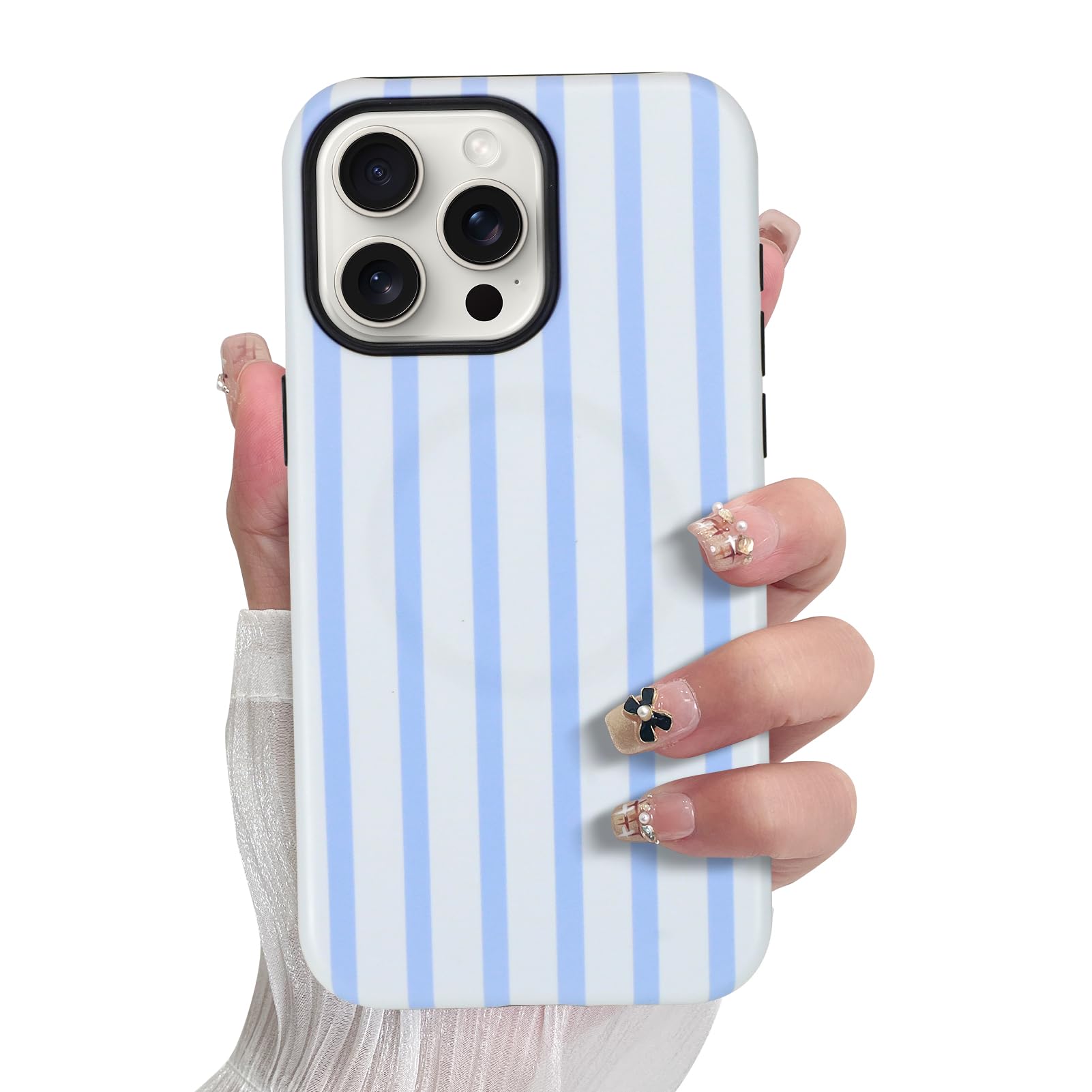 SOKAD Magnetic Vertical Stripes Phone Case for iPhone 15 Pro, Cute Light Blue Striped Line Pattern Compatible with Magsafe Matte