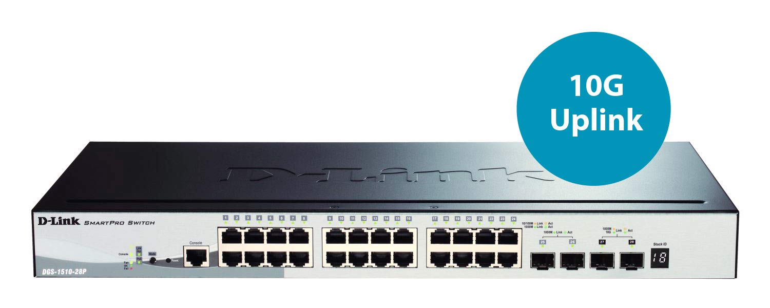 D-Link Systems 28-Port Smartpro Stackable Poe/Poe+ Switch & 2 Gigabit Sfp Ports And 2 10Gbe Sfp+ Ports (Dgs-1510-28P), Black