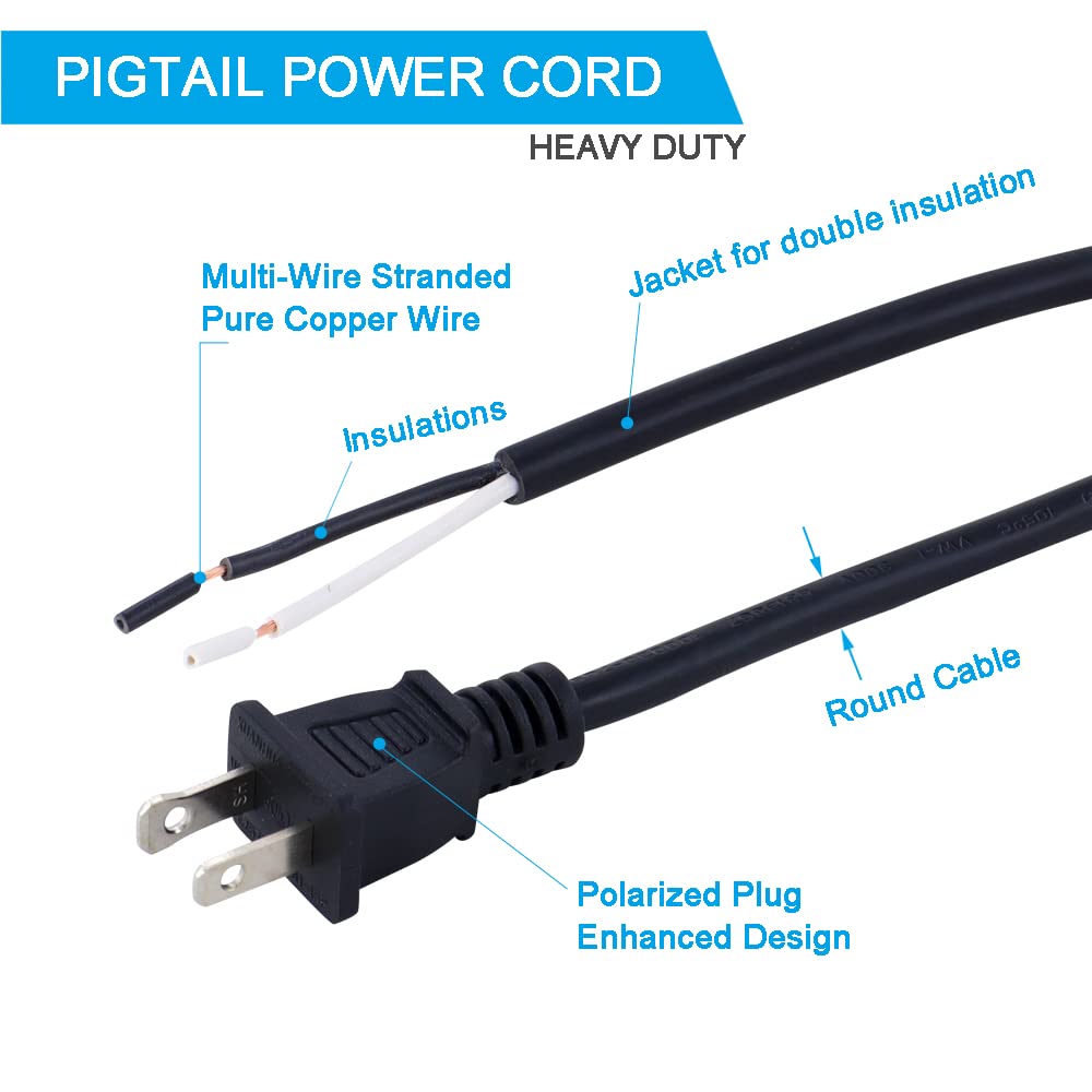 18Awg Replacement Power Cord Round Cable 2 Prong Polarized Plug 18 Gauge 120V Power Supply Cord Sjt 18Awg 6 Foot Pigtail 2 Wire