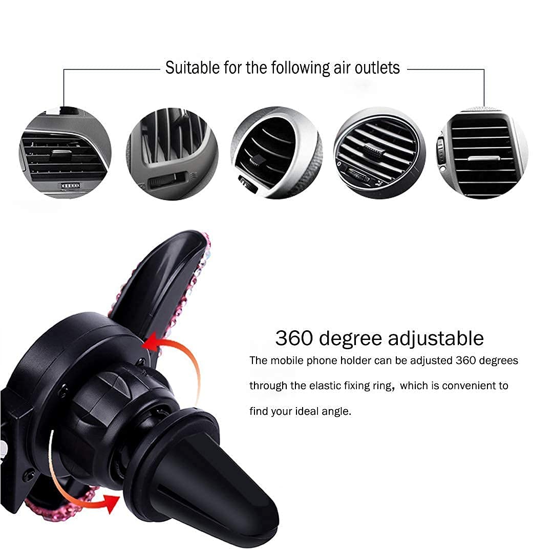 Suncaraccl Bling Car Phone Holder Mini Dash Air Vent Automatic Phone Mount Universal 360Adjustable Crystal For Women And Girls (