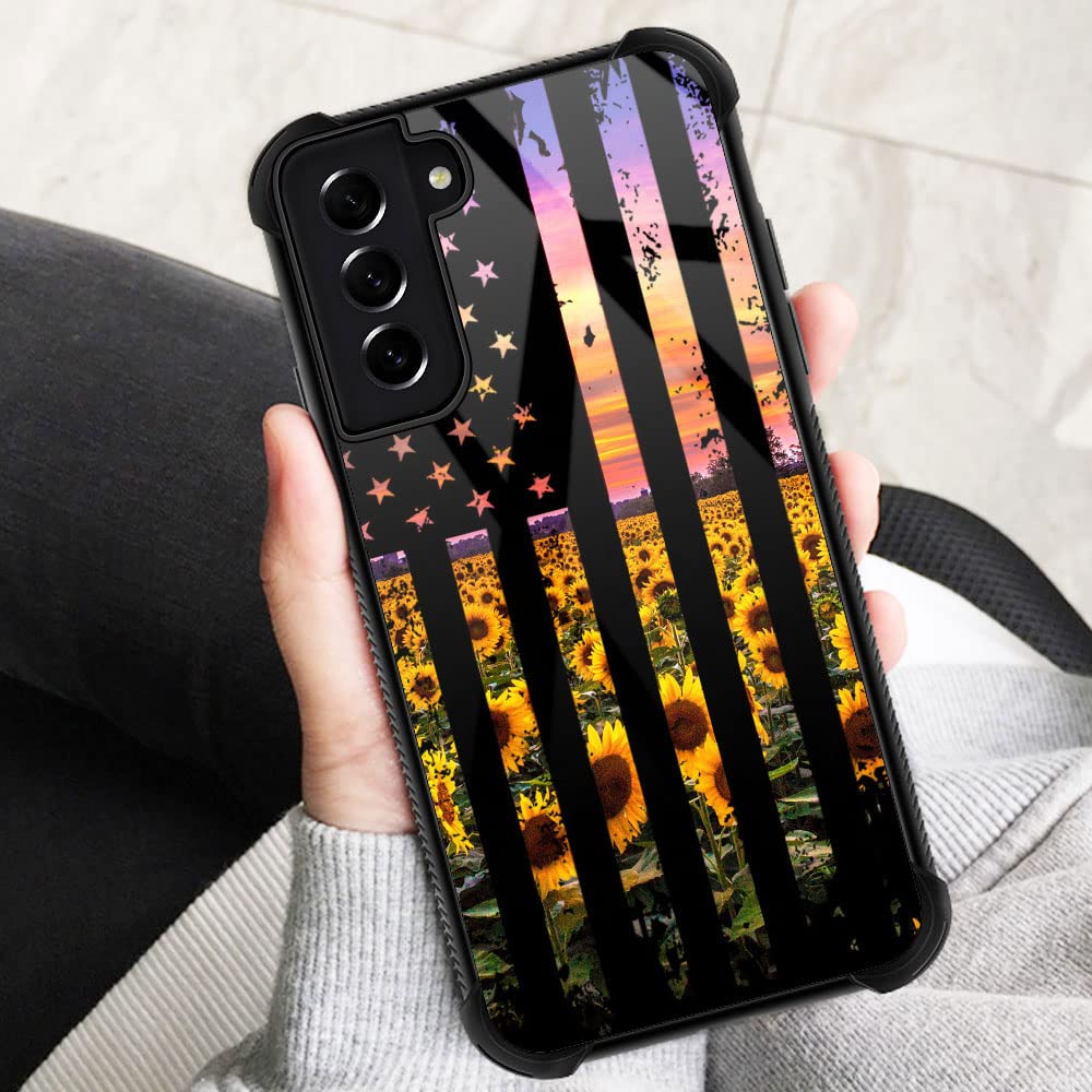 ZHEGAILIAN Phone Case Compatible Samsung Galaxy S21 FE 5G TPU Organic Glass Flag Sunflowers 6.4-inch
