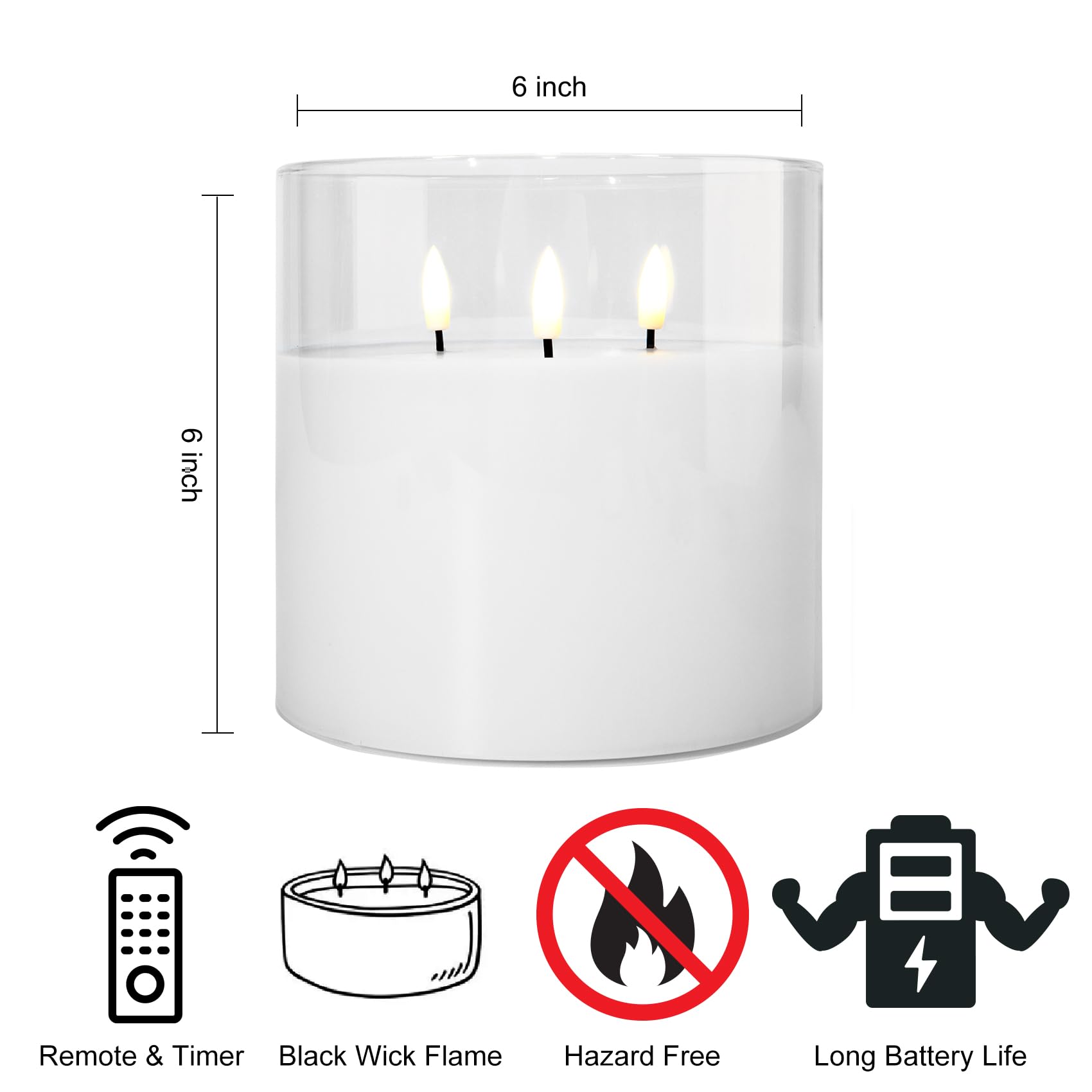 Eywamage 3 Wick Clear Glass Flameless Candle With Remote, Large Flickering Led Battery Pillar Candle F 6'' H 6''