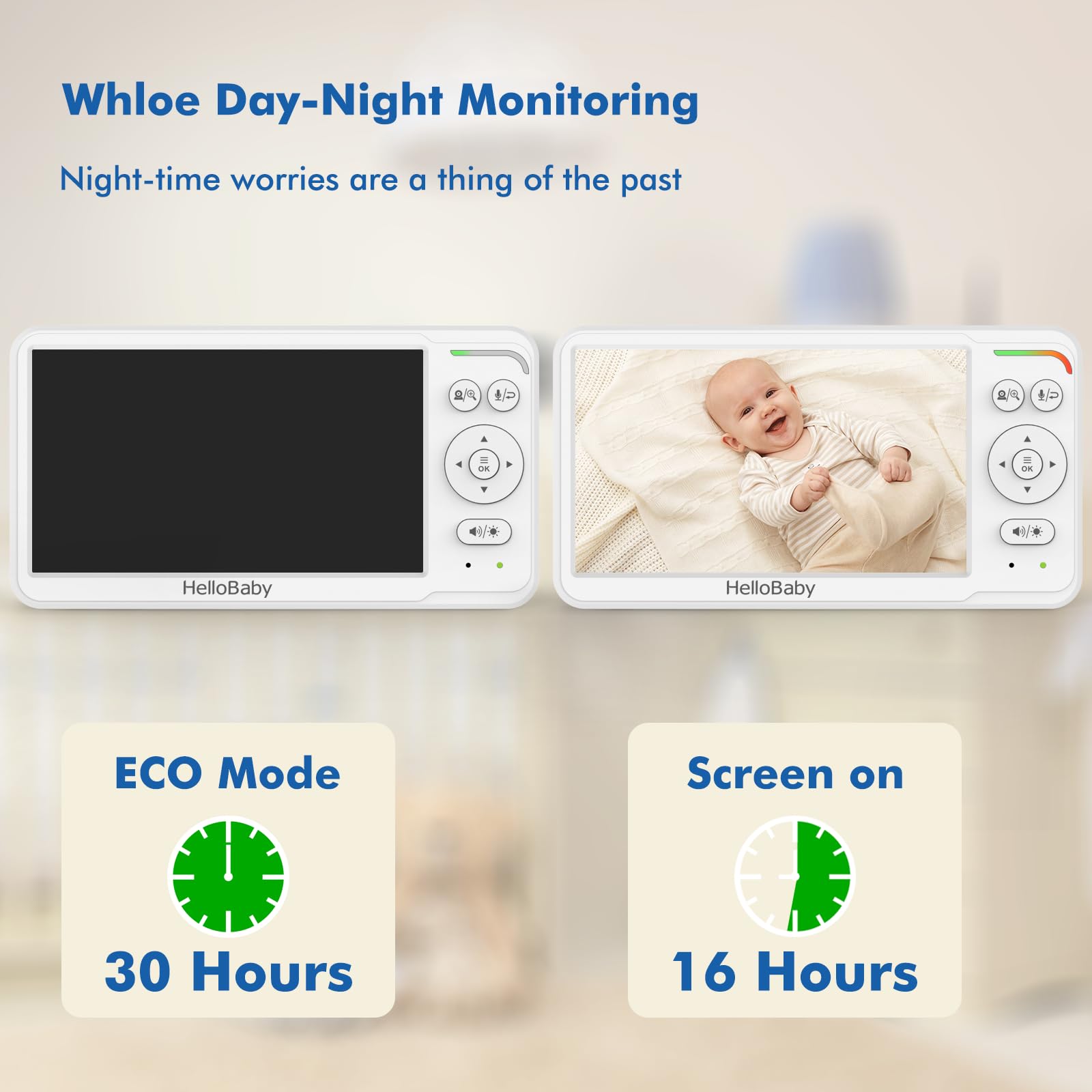 Hellobaby Baby Monitor With 2 Cameras And Audio, 6'' World First Ips Split Screen Baby Camera Monitor No Wifi, 30 Hrs Battery, E