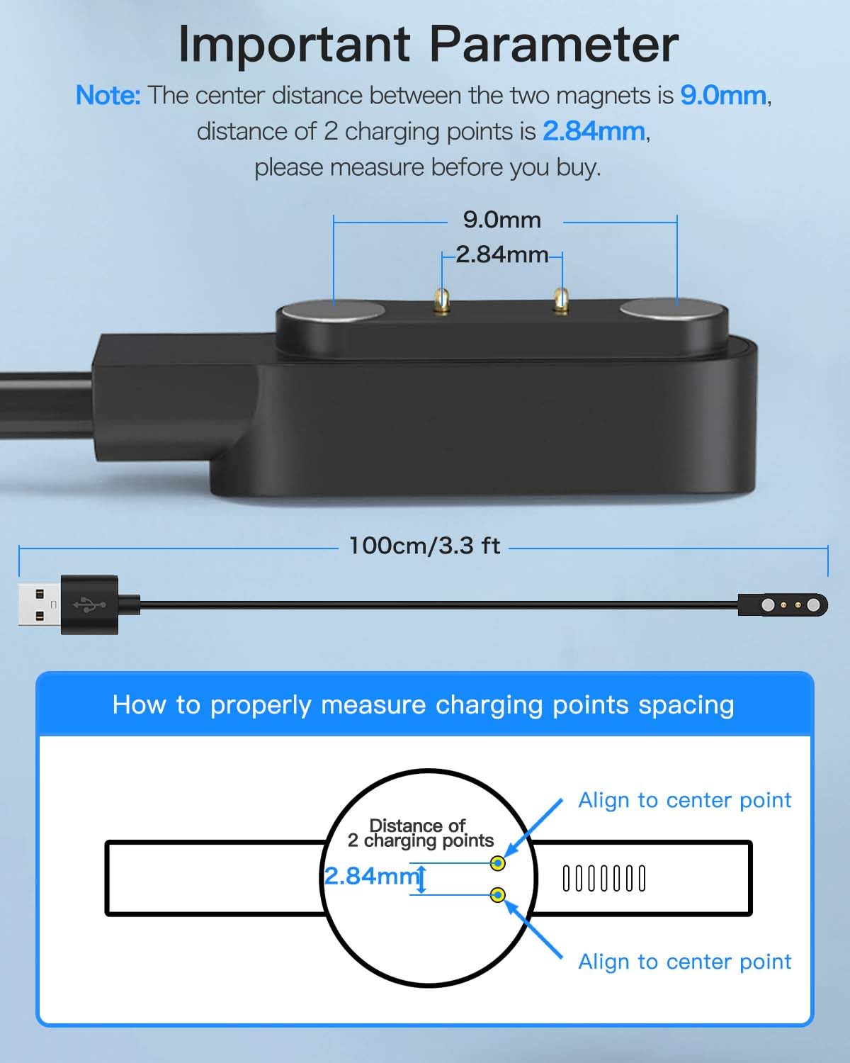 2 Pack Universal Smart Watch Charger Magnetic,Cable Contact 2 Pin Spacing 2.8Mm,High Speed Safe Replacement Usb Charger Cord,The