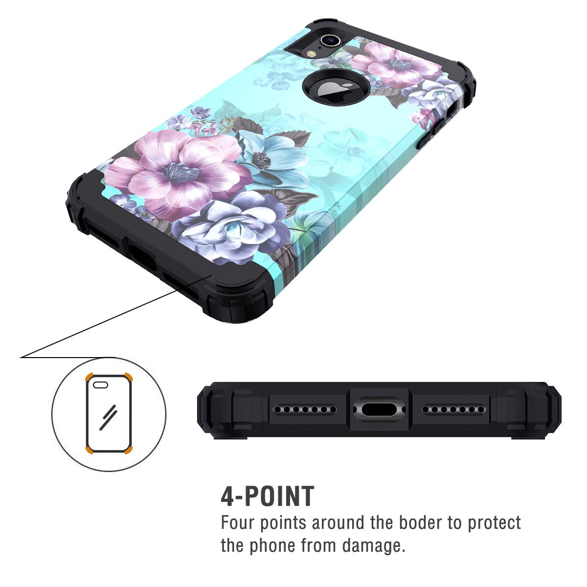 Casetego Compatible With Iphone Xr Case,Floral Three Layer Heavy Duty Hybrid Sturdy Shockproof Full Body Protective Cover Case F
